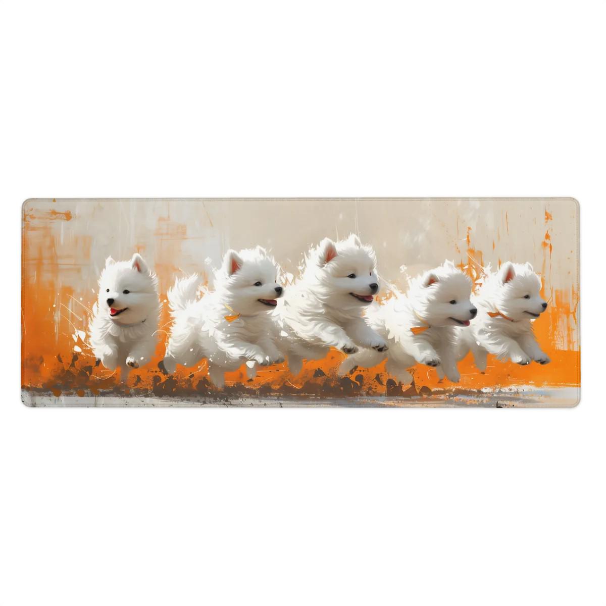 Puppies Painting Desk Mat Samoyed Dogs – Colorful Orange Paintbrush Strokes, Creative Cute Mouse Pad Puppies Painting Desk Mat Samoyed Dogs – Colorful Orange Paintbrush Strokes, Creative Cute Mouse Pad