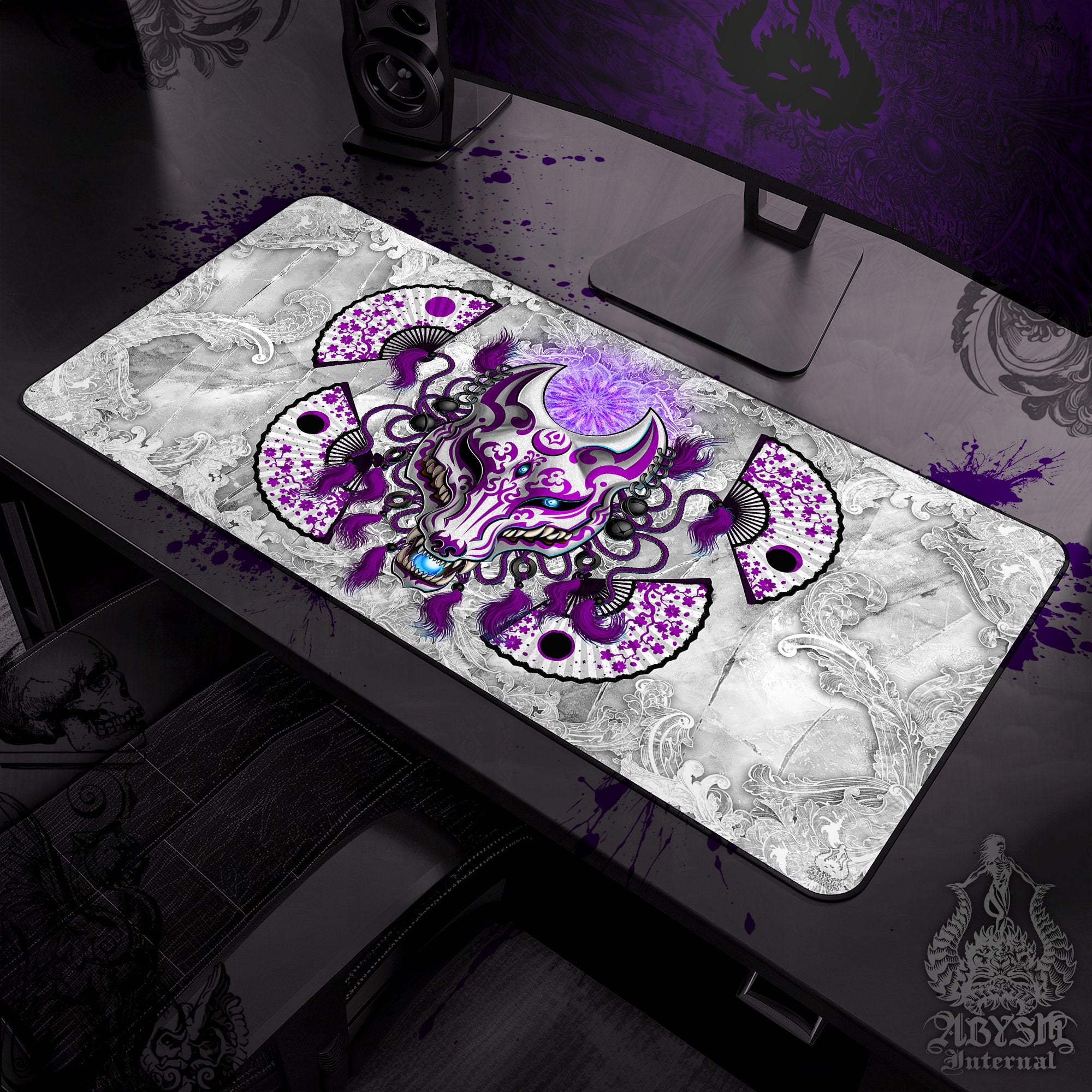 Purple Kitsune Workpad, Fox Mask Desk Mat, Manga Wolf Gaming Mouse Pad, Japanese Anime Okami Table Protector Cover, Youkai Art Print – White Goth