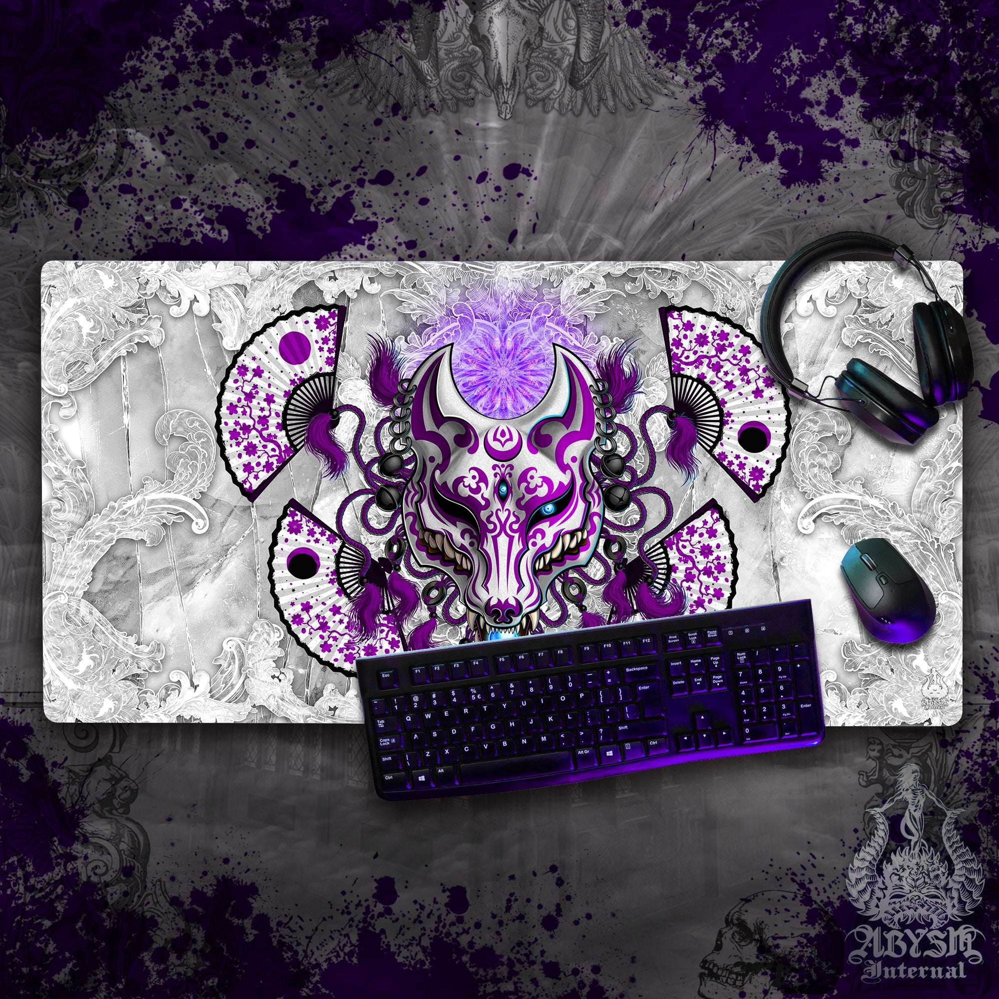 Purple Kitsune Workpad, Fox Mask Desk Mat, Manga Wolf Gaming Mouse Pad, Japanese Anime Okami Table Protector Cover, Youkai Art Print – White Goth Purple Kitsune Workpad, Fox Mask Desk Mat, Manga Wolf Gaming Mouse Pad, Japanese Anime Okami Table Protector Cover, Youkai Art Print – White Goth