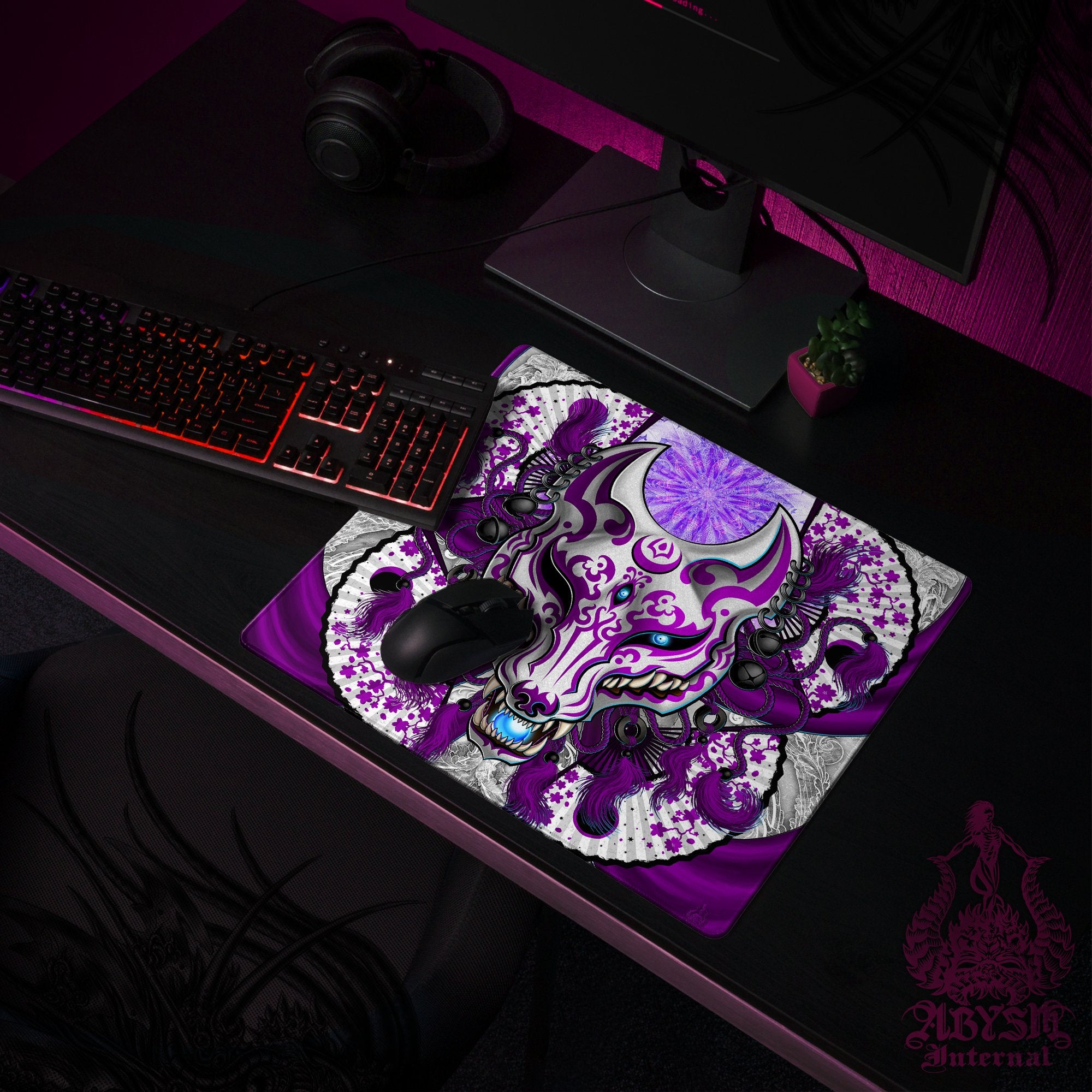 Purple Kitsune Workpad, Fox Mask Desk Mat, Manga Wolf Gaming Mouse Pad, Japanese Anime Okami Table Protector Cover, Youkai Art Print – White Goth Purple Kitsune Workpad, Fox Mask Desk Mat, Manga Wolf Gaming Mouse Pad, Japanese Anime Okami Table Protector Cover, Youkai Art Print – White Goth