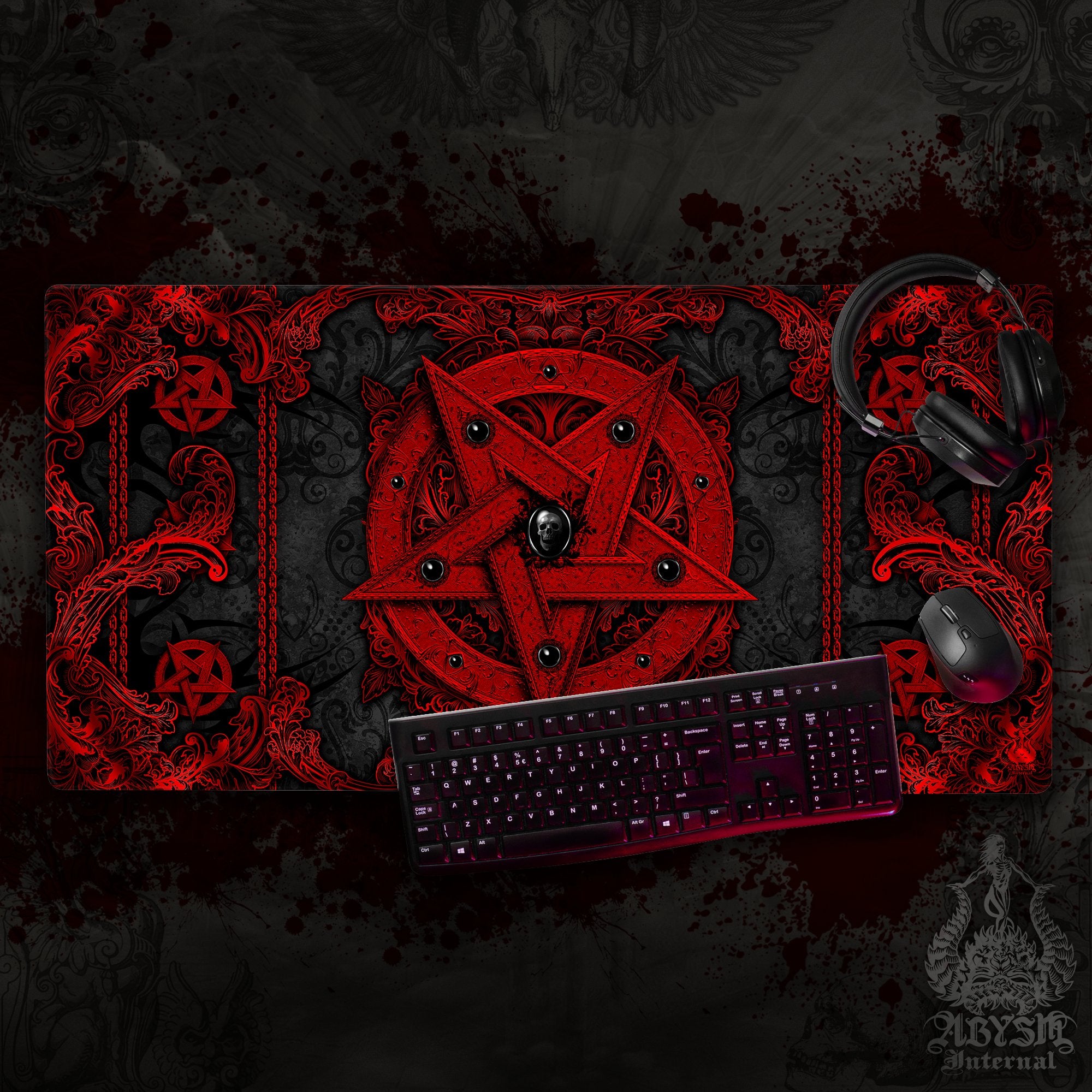 Red Pentagram Gaming Mouse Pad, Satanic Desk Mat, Bloody Gothic Table Protector Cover, Heavy Metal Workpad, Art Print – 4 Options