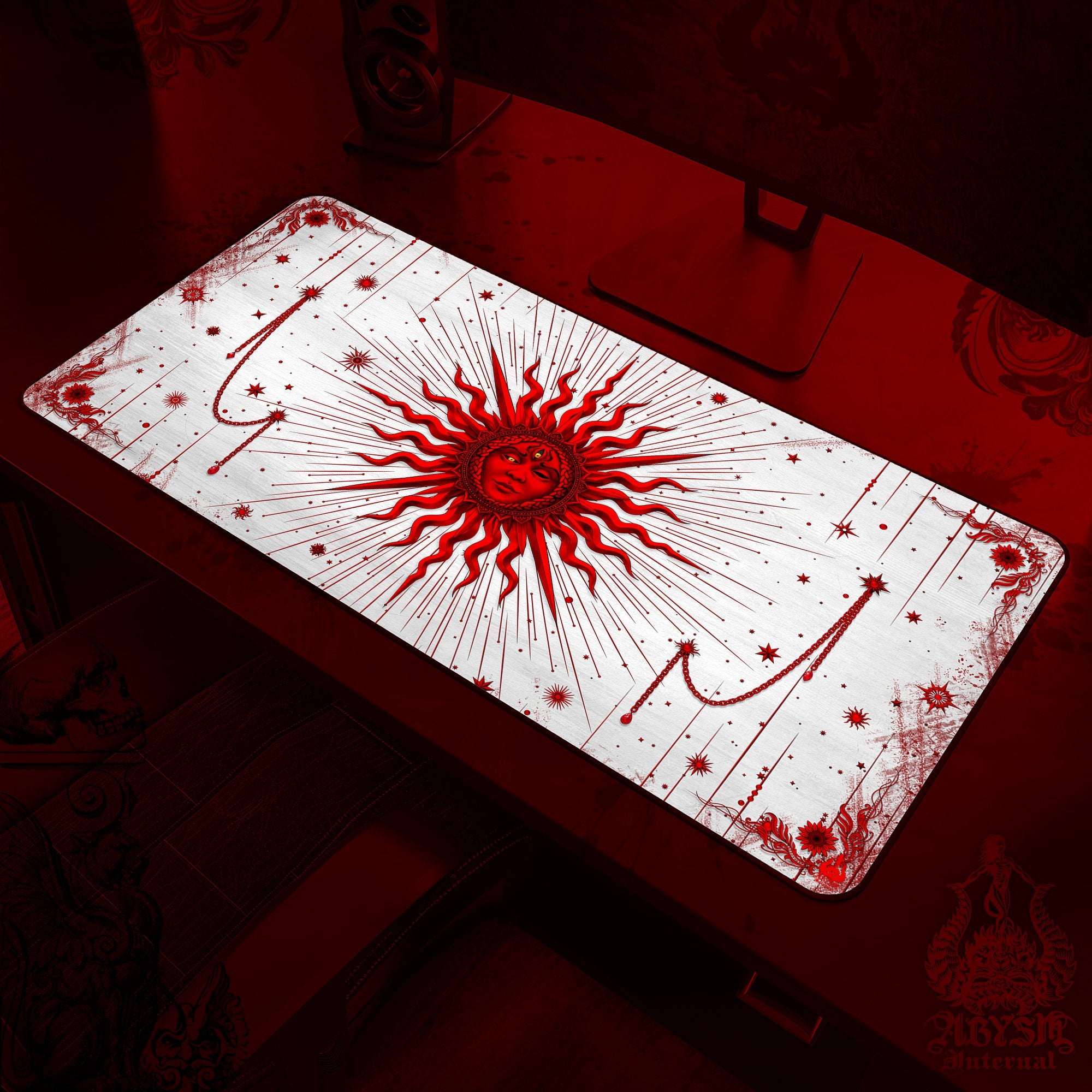Red Sun Mouse Pad, White Goth Gaming Desk Mat, Tarot Arcana Workpad, Witch Table Protector Cover, Esoteric Art Print