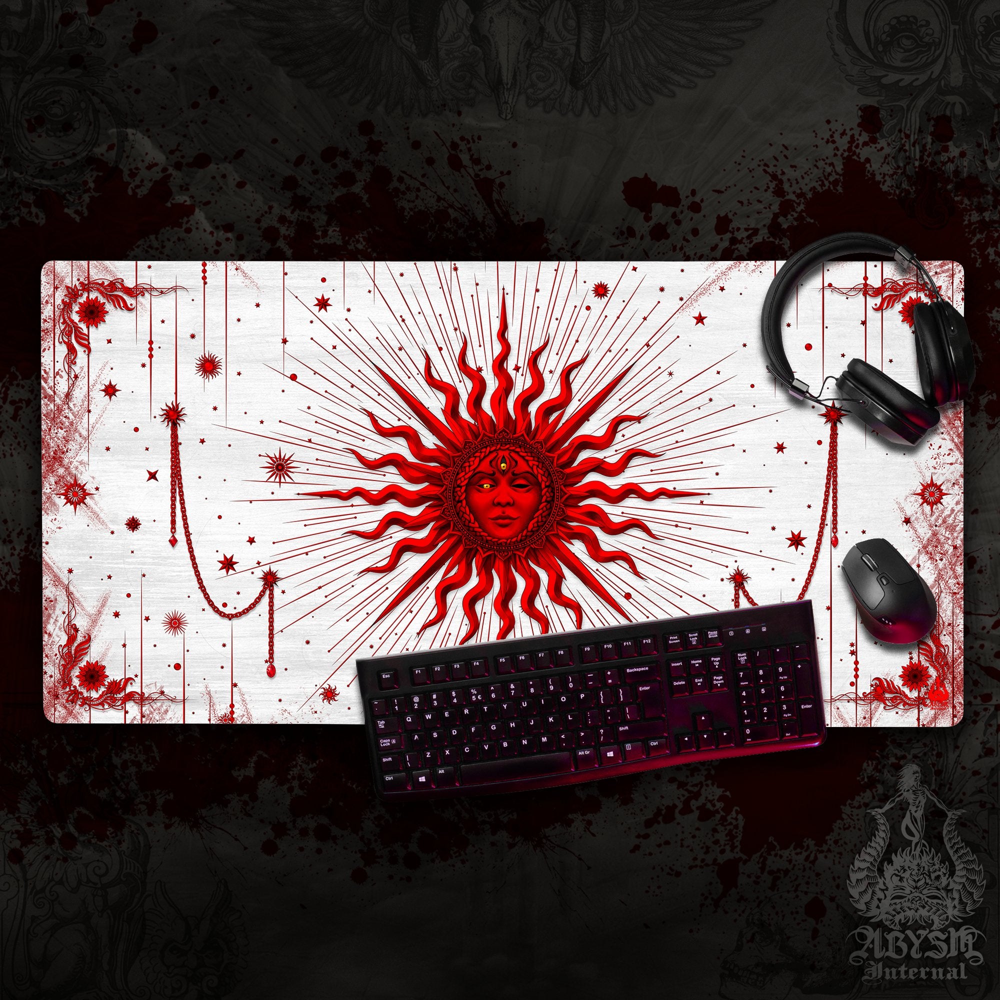 Red Sun Mouse Pad, White Goth Gaming Desk Mat, Tarot Arcana Workpad, Witch Table Protector Cover, Esoteric Art Print Red Sun Mouse Pad, White Goth Gaming Desk Mat, Tarot Arcana Workpad, Witch Table Protector Cover, Esoteric Art Print