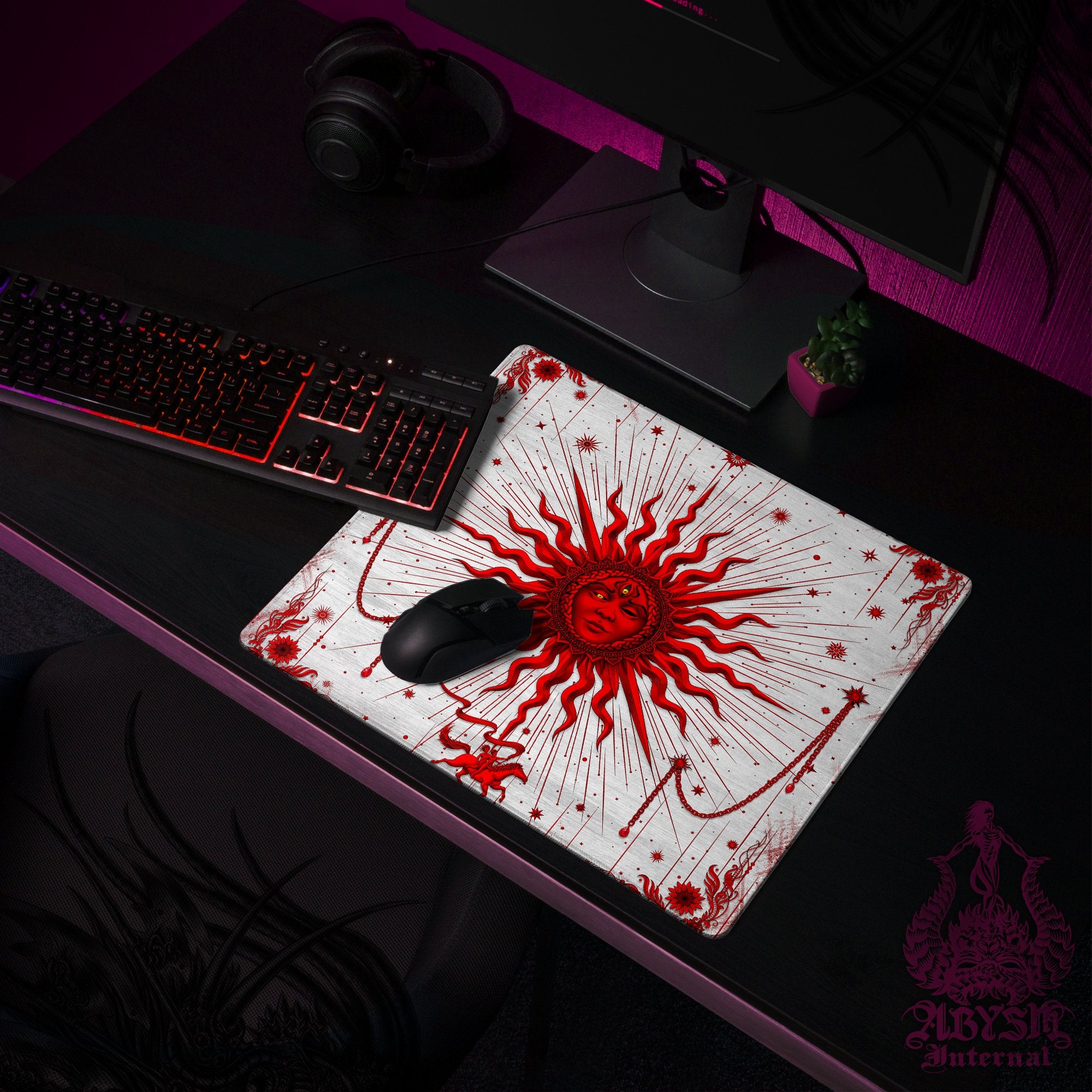 Red Sun Mouse Pad, White Goth Gaming Desk Mat, Tarot Arcana Workpad, Witch Table Protector Cover, Esoteric Art Print Red Sun Mouse Pad, White Goth Gaming Desk Mat, Tarot Arcana Workpad, Witch Table Protector Cover, Esoteric Art Print