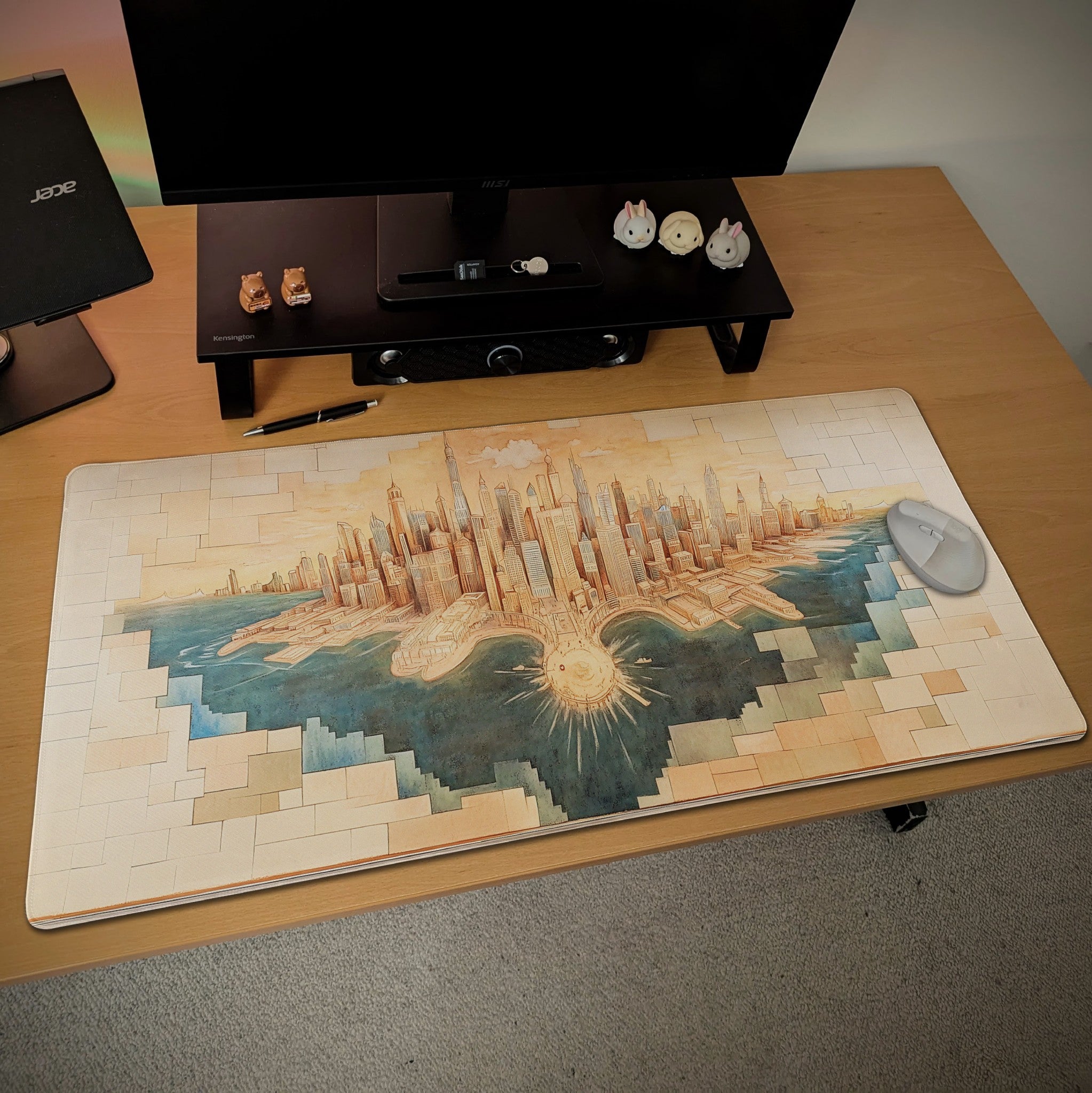 Retro Cityscape Skyline Desk Mat  Illustrative Urban Fantasy Mouse Pad