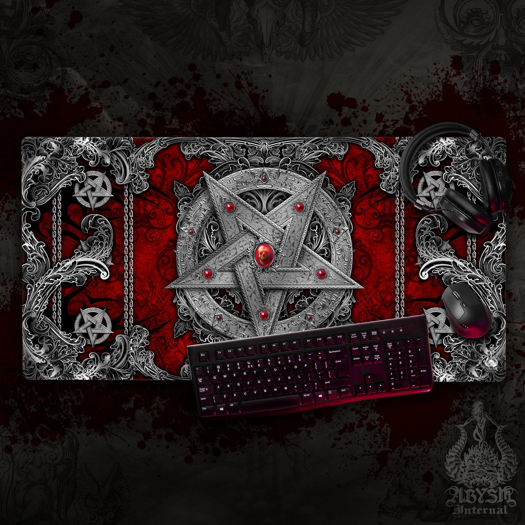 Satanic Gaming Desk Mat, Silver Pentagram Mouse Pad, Gothic Table Protector Cover, Heavy Metal Workpad, Art Print – 4 Options