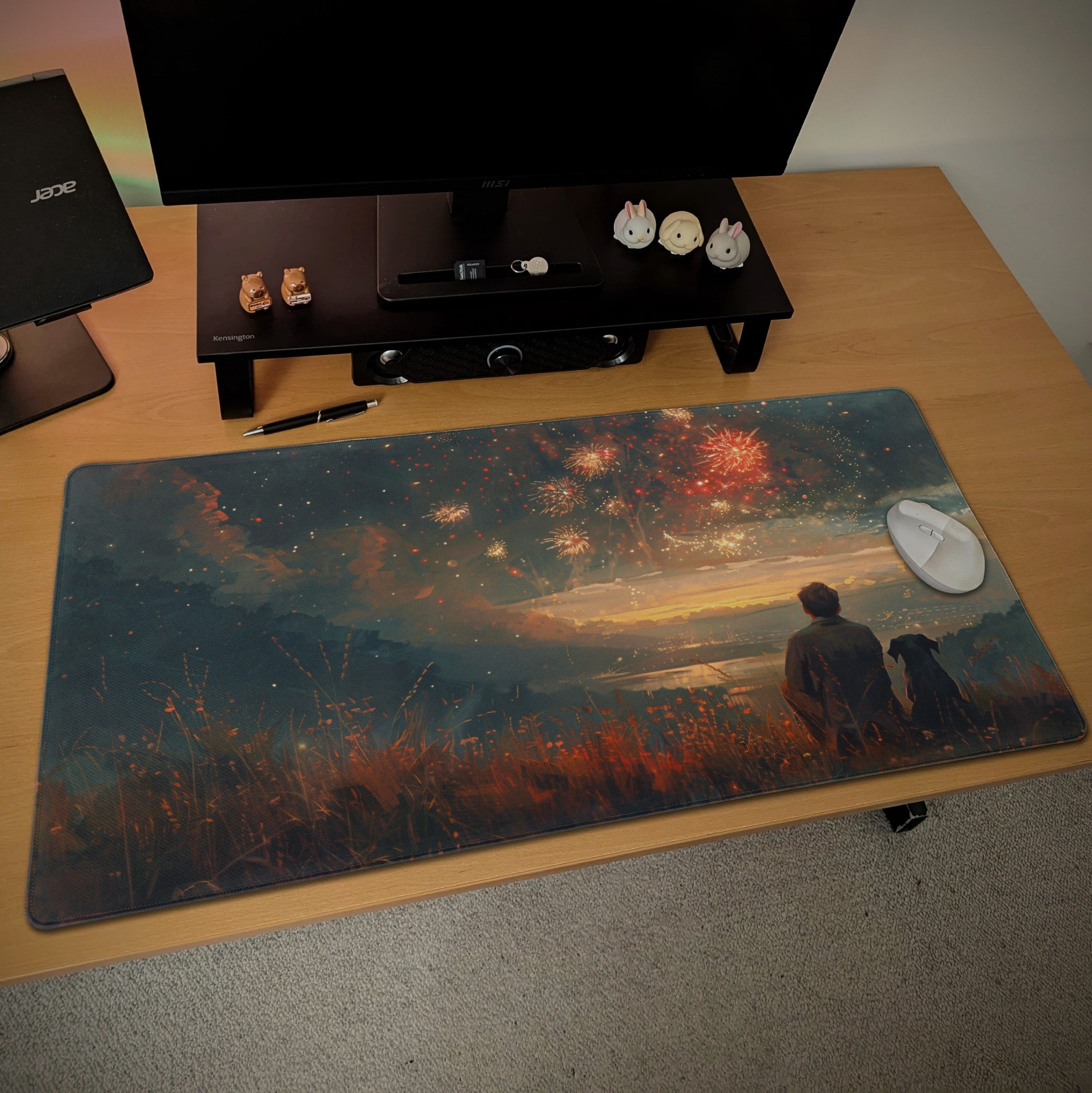 Scenic Sunset Desk Mat  Nostalgic Mountain  Cinematic Painting Desk Decor, Fireworks