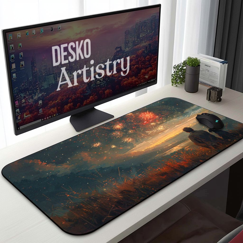 Scenic Sunset Desk Mat Nostalgic Mountain Cinematic Painting Desk Decor, Fireworks Scenic Sunset Desk Mat Nostalgic Mountain Cinematic Painting Desk Decor, Fireworks