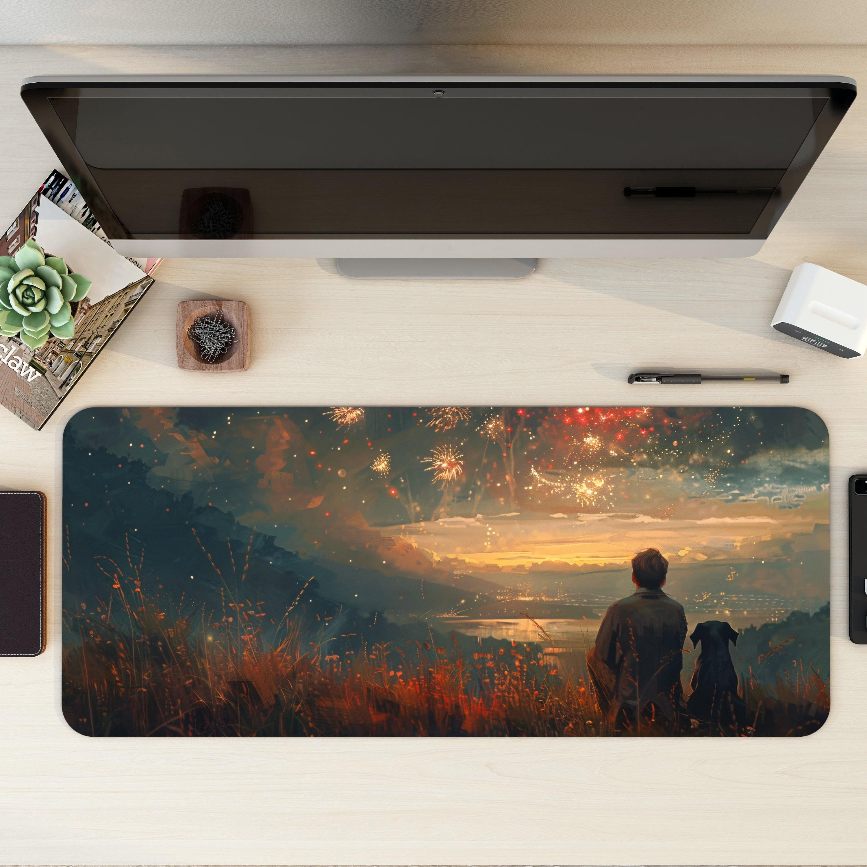 Scenic Sunset Desk Mat Nostalgic Mountain Cinematic Painting Desk Decor, Fireworks Scenic Sunset Desk Mat Nostalgic Mountain Cinematic Painting Desk Decor, Fireworks