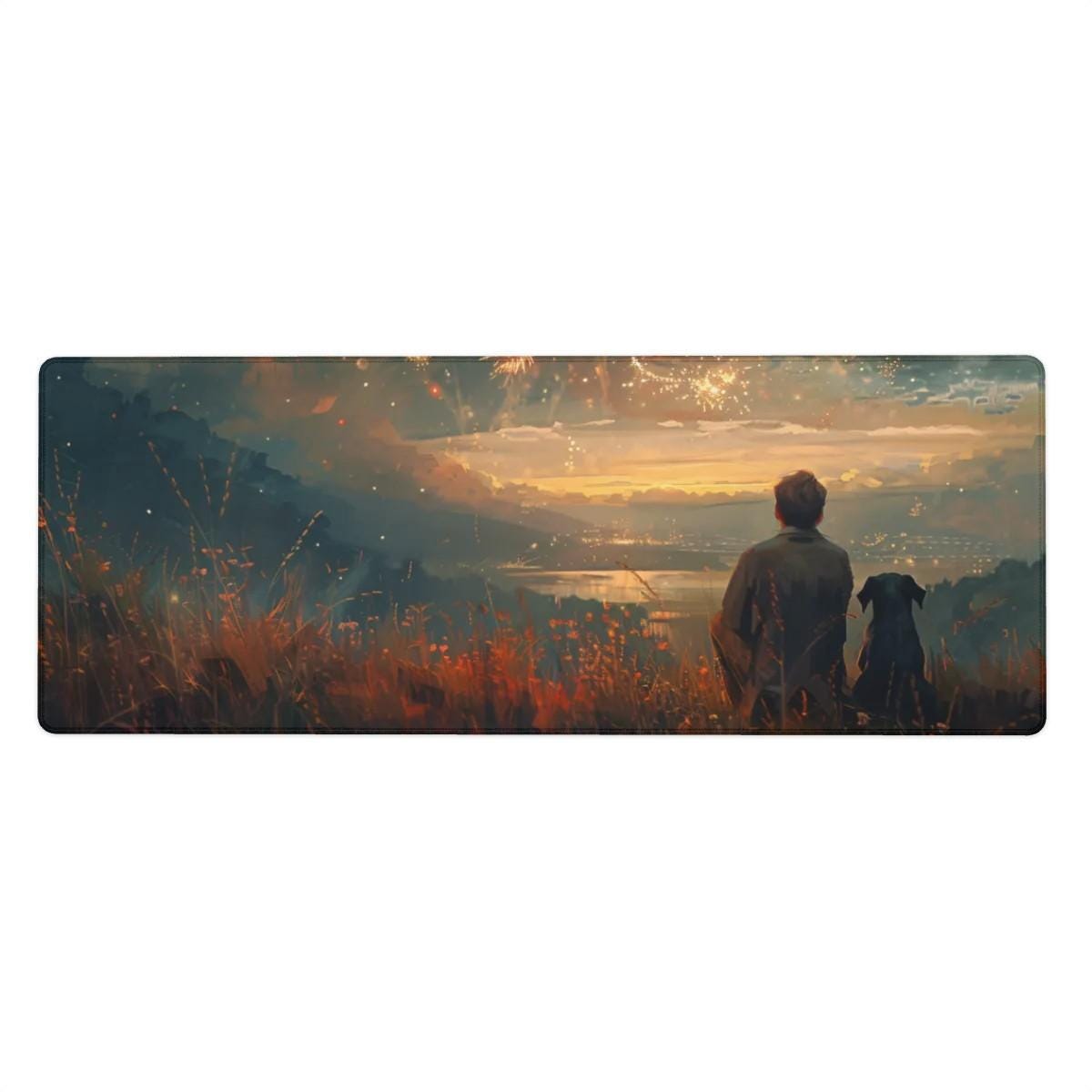 Scenic Sunset Desk Mat Nostalgic Mountain Cinematic Painting Desk Decor, Fireworks Scenic Sunset Desk Mat Nostalgic Mountain Cinematic Painting Desk Decor, Fireworks