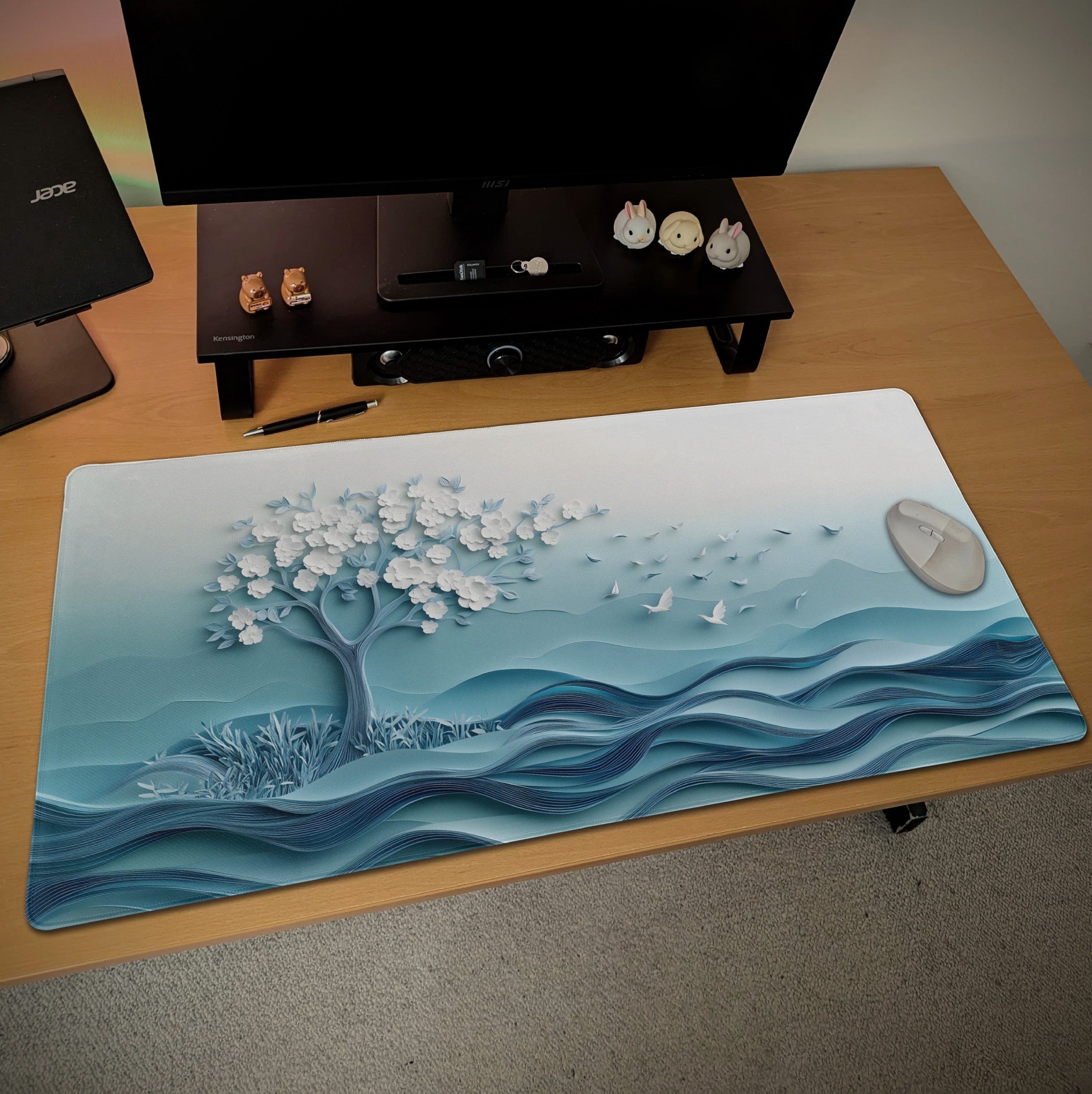 Serene White Cherry Blossom, Dove Desk Mat  Embossed Paper Art Mouse Pad