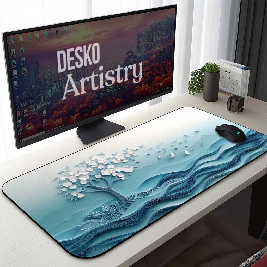 Serene White Cherry Blossom, Dove Desk Mat Embossed Paper Art Mouse Pad Serene White Cherry Blossom, Dove Desk Mat Embossed Paper Art Mouse Pad