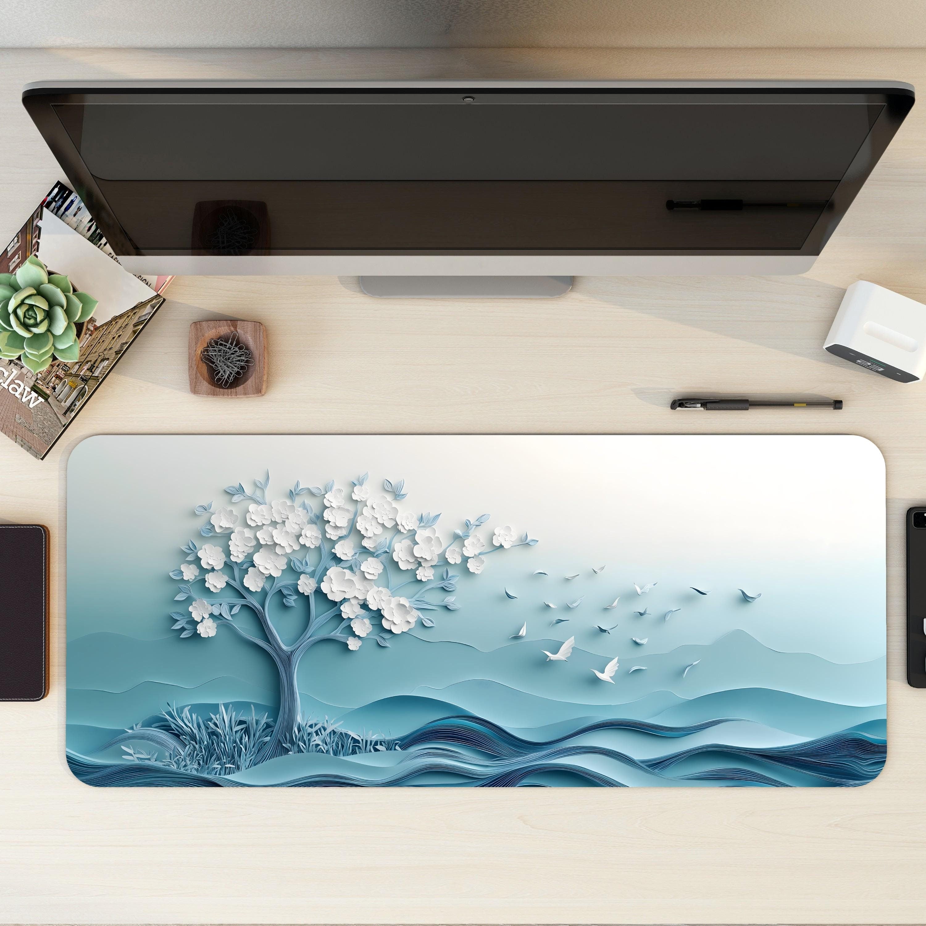 Serene White Cherry Blossom, Dove Desk Mat Embossed Paper Art Mouse Pad Serene White Cherry Blossom, Dove Desk Mat Embossed Paper Art Mouse Pad