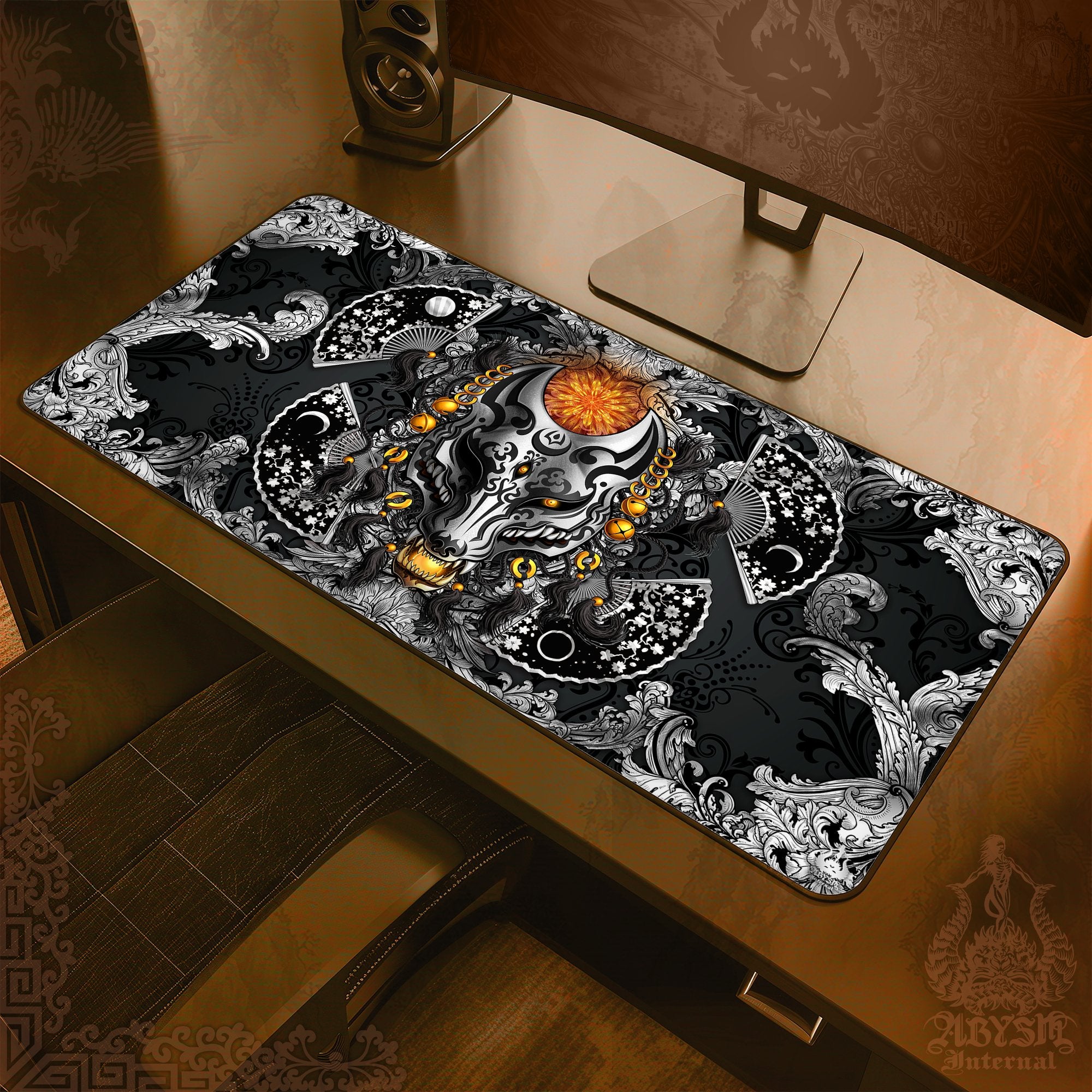 Silver Fox Mask Gaming Desk Mat, Kitsune Mouse Pad, Japanese Wolf Table Protector Cover, Anime Youkai Workpad, Manga Okami Art Print