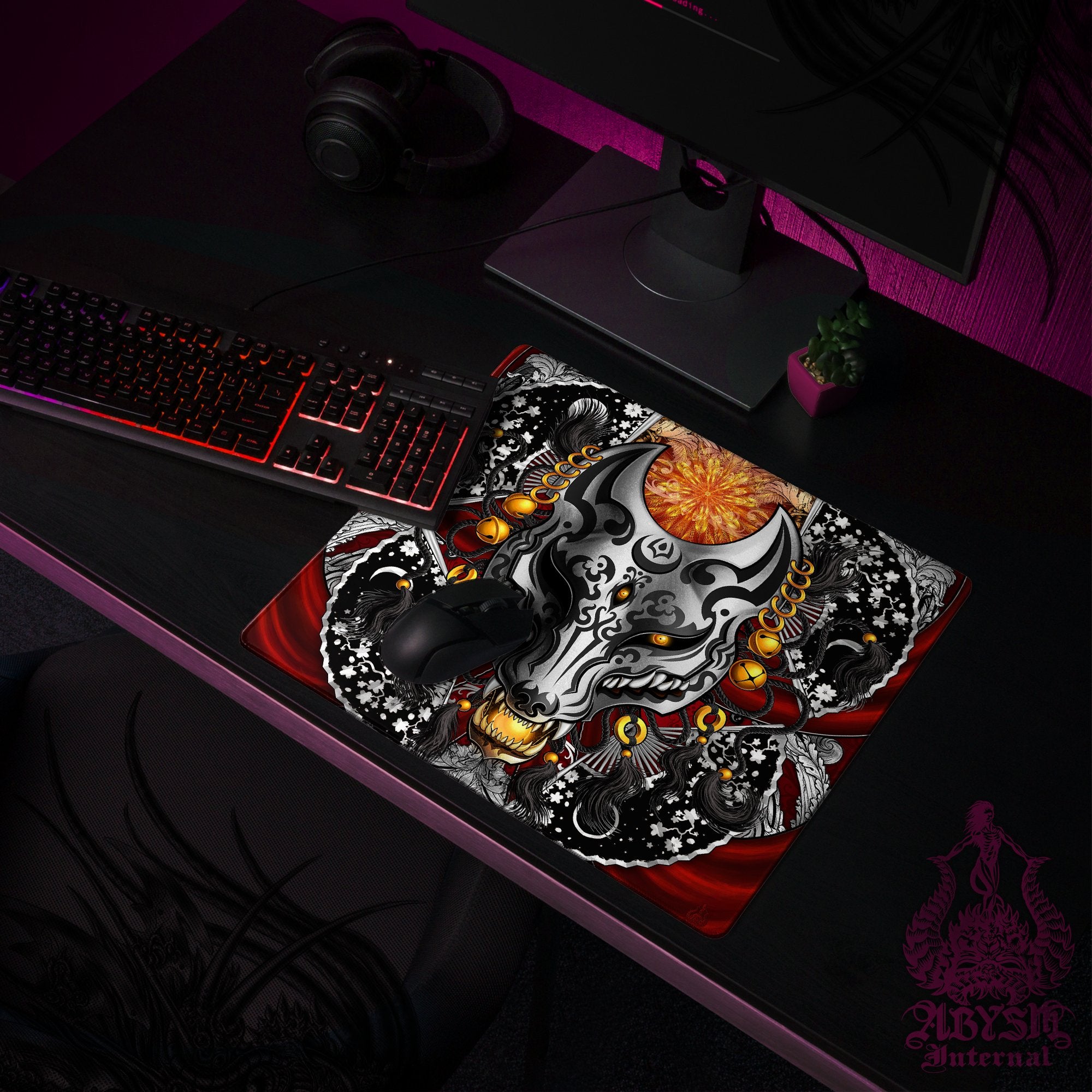 Silver Fox Mask Gaming Desk Mat, Kitsune Mouse Pad, Japanese Wolf Table Protector Cover, Anime Youkai Workpad, Manga Okami Art Print Silver Fox Mask Gaming Desk Mat, Kitsune Mouse Pad, Japanese Wolf Table Protector Cover, Anime Youkai Workpad, Manga Okami Art Print