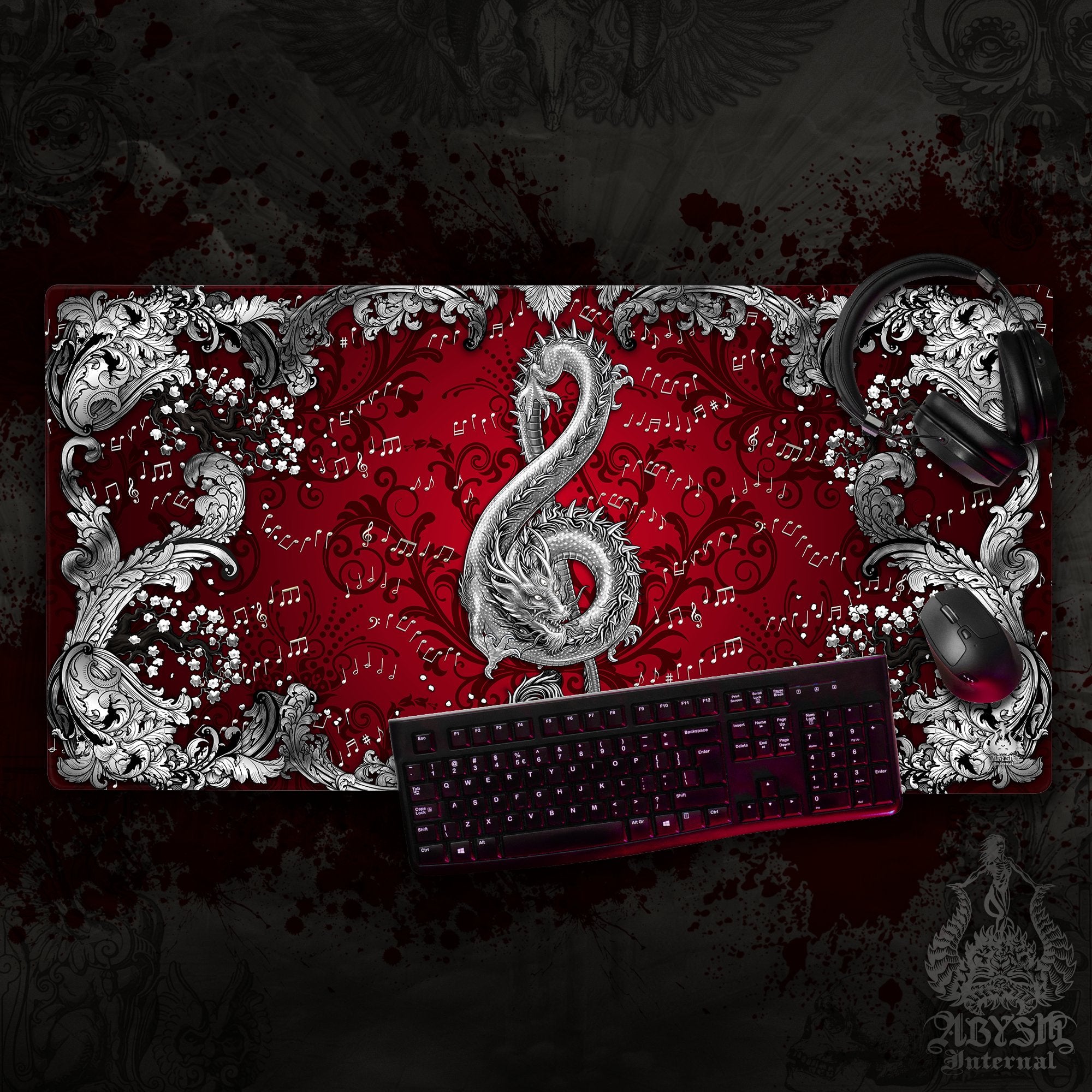 Silver Music Mouse Pad, Dragon Gaming Desk Mat, Asian Workpad, Ornamented Table Protector Cover, Treble Clef Art Print – 2 Colors