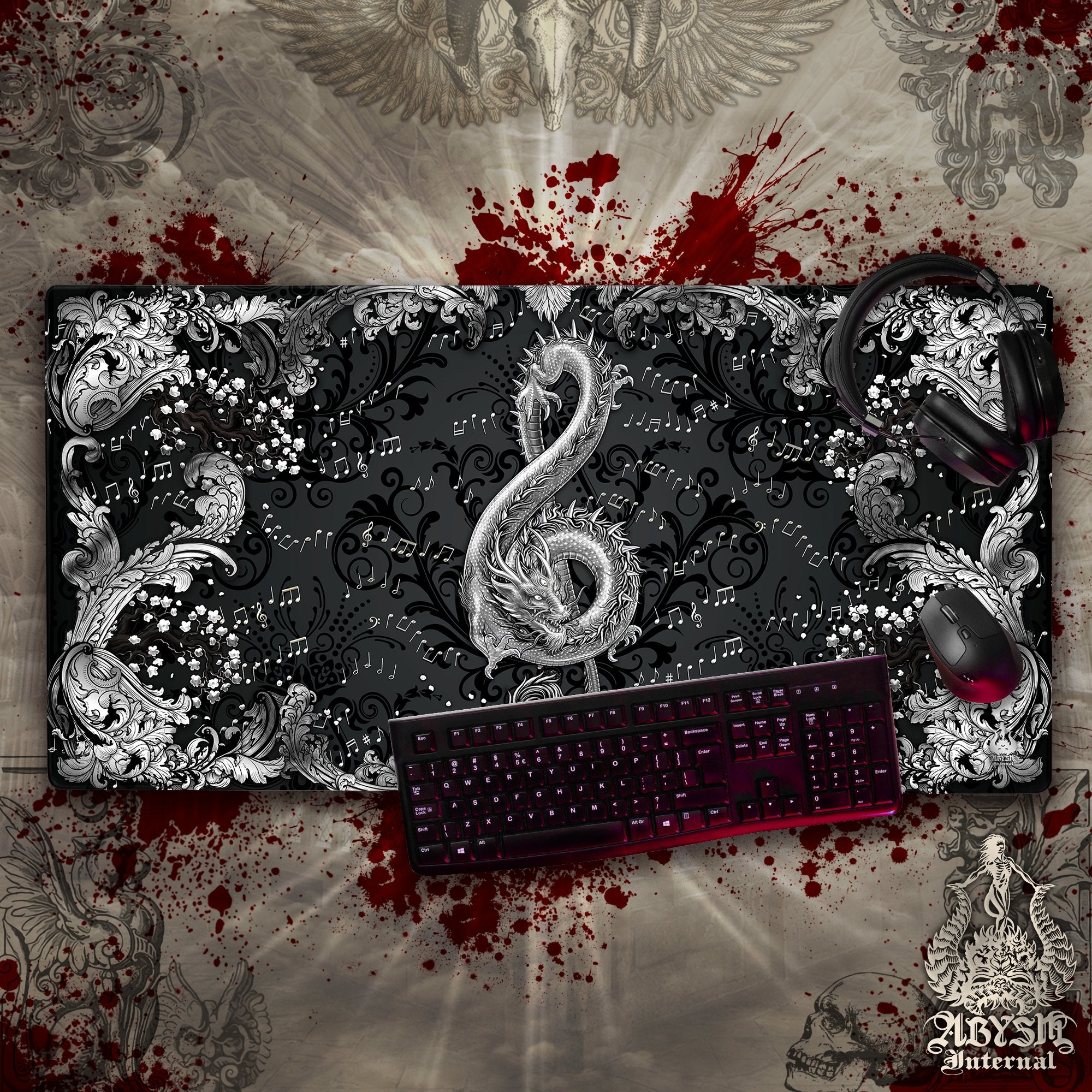 Silver Music Mouse Pad, Dragon Gaming Desk Mat, Asian Workpad, Ornamented Table Protector Cover, Treble Clef Art Print – 2 Colors Silver Music Mouse Pad, Dragon Gaming Desk Mat, Asian Workpad, Ornamented Table Protector Cover, Treble Clef Art Print – 2 Colors