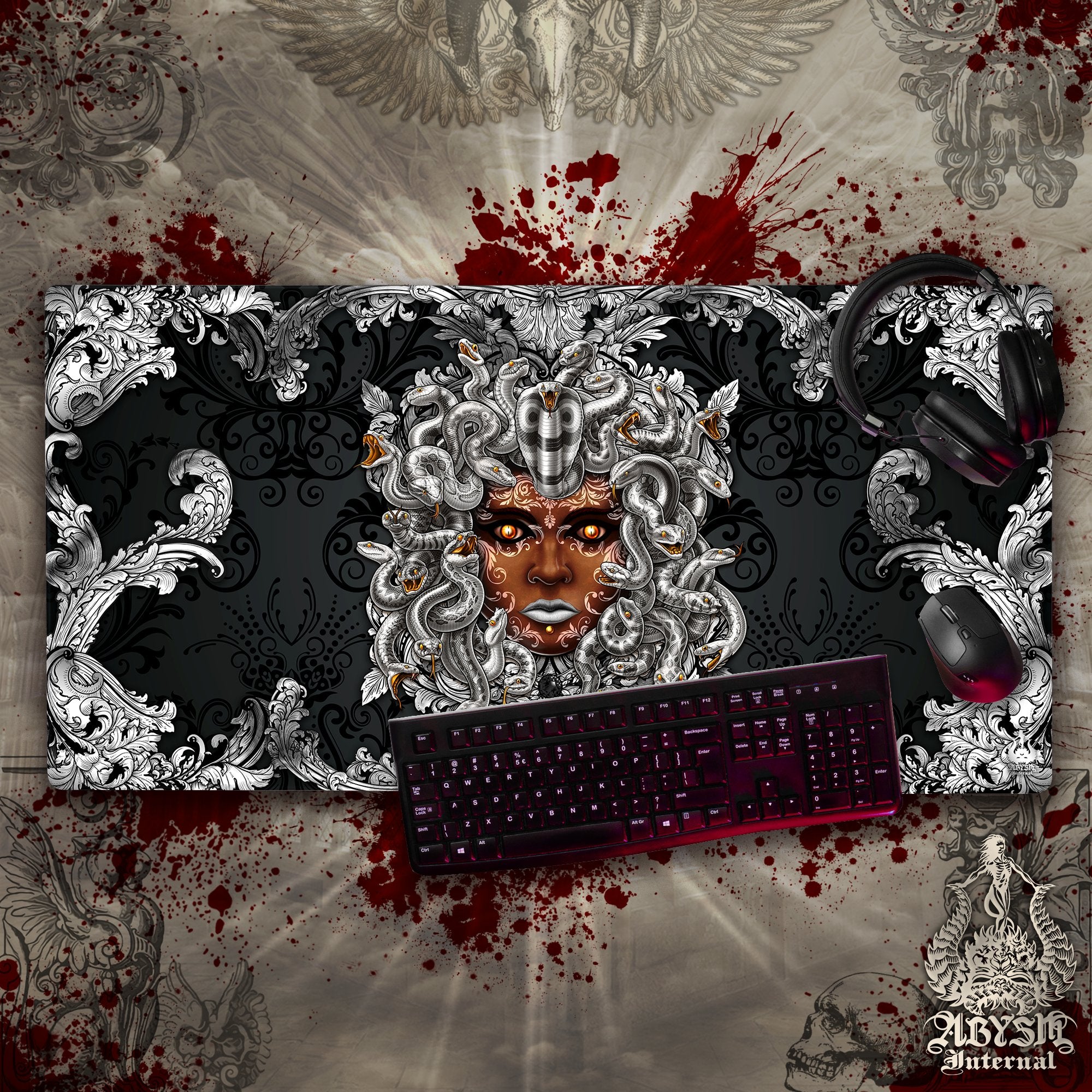 Silver Skull Desk Mat, Ornamented Gaming Mouse Pad, Gamer Table Protector Cover, Baroque Medusa Workpad, Art Print – 2 Options Silver Skull Desk Mat, Ornamented Gaming Mouse Pad, Gamer Table Protector Cover, Baroque Medusa Workpad, Art Print – 2 Options