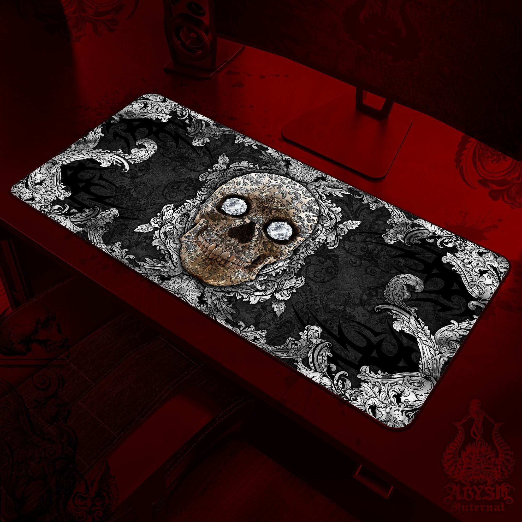 Silver Skull Gaming Desk Mat, Ornamented Mouse Pad, Vintage Table Protector Cover, Baroque Workpad, Art Print – Black