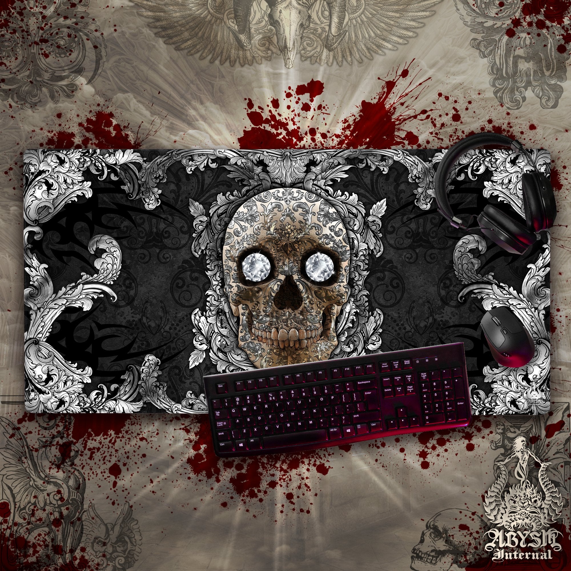 Silver Skull Gaming Desk Mat, Ornamented Mouse Pad, Vintage Table Protector Cover, Baroque Workpad, Art Print – Black Silver Skull Gaming Desk Mat, Ornamented Mouse Pad, Vintage Table Protector Cover, Baroque Workpad, Art Print – Black