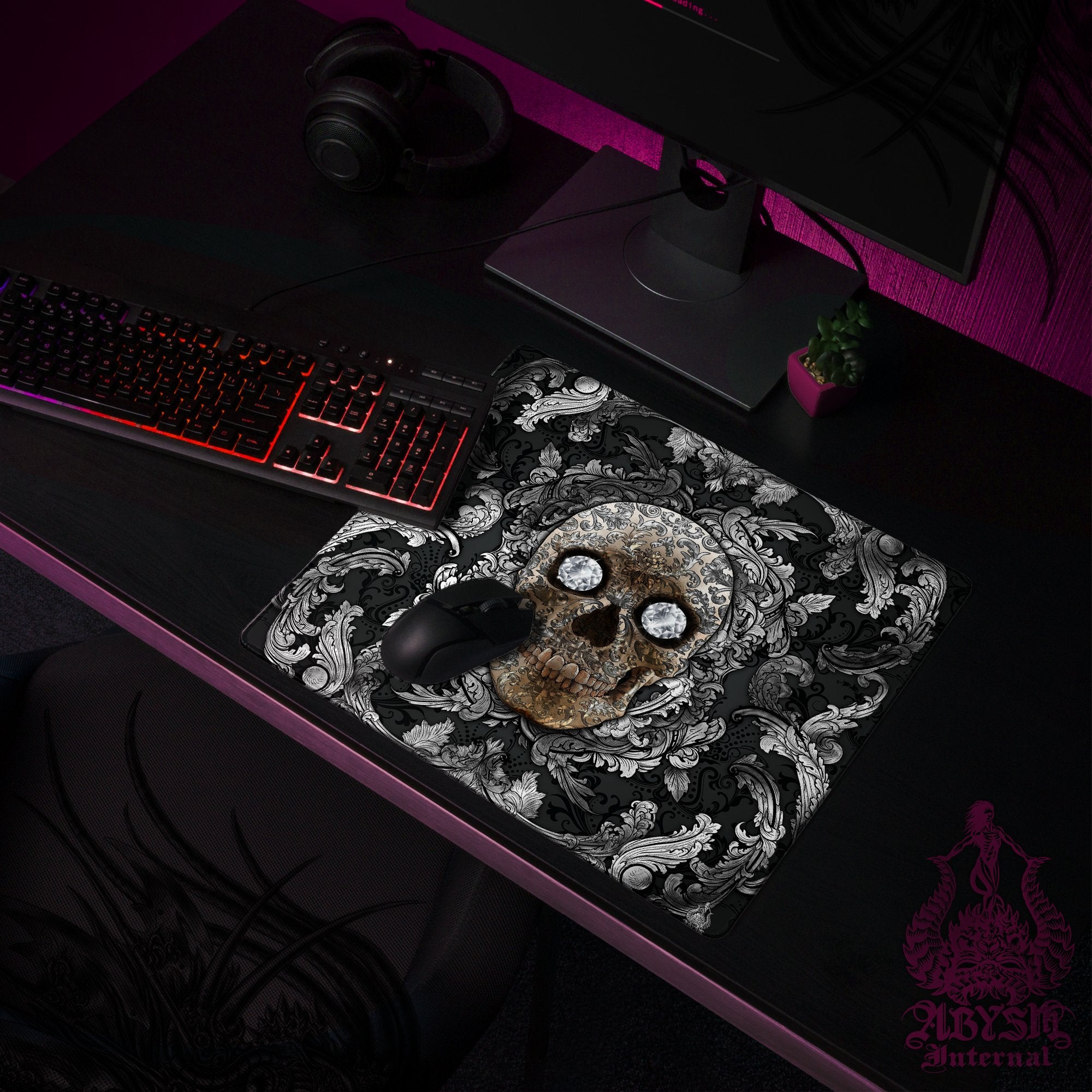 Silver Skull Gaming Desk Mat, Ornamented Mouse Pad, Vintage Table Protector Cover, Baroque Workpad, Art Print – Black Silver Skull Gaming Desk Mat, Ornamented Mouse Pad, Vintage Table Protector Cover, Baroque Workpad, Art Print – Black