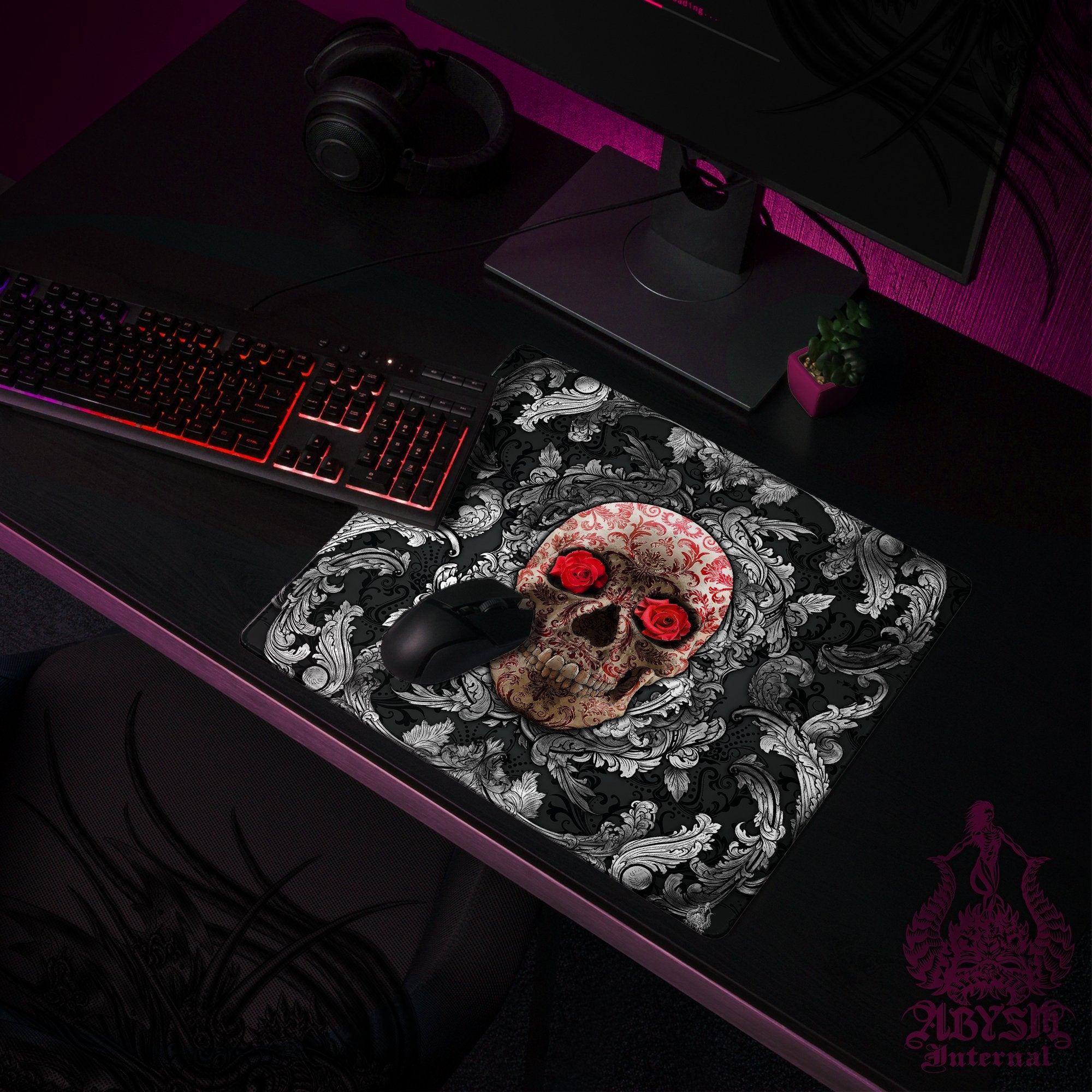 Silver Skull Mouse Pad, Baroque Gaming Desk Mat, Ornamented Workpad, Vintage Table Protector Cover, Art Print – Red Silver Skull Mouse Pad, Baroque Gaming Desk Mat, Ornamented Workpad, Vintage Table Protector Cover, Art Print – Red