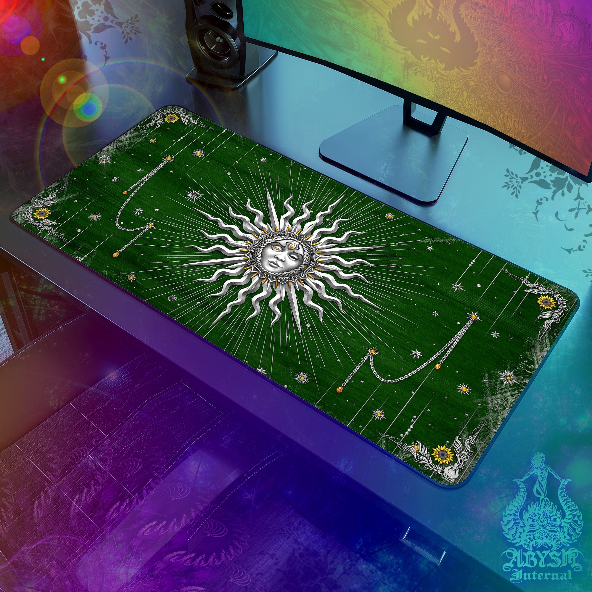 Silver Sun Desk Mat, Tarot Arcana Gaming Mouse Pad, Indie Table Protector Cover, Boho Workpad, Esoteric Art Print – 7 Colors Silver Sun Desk Mat, Tarot Arcana Gaming Mouse Pad, Indie Table Protector Cover, Boho Workpad, Esoteric Art Print – 7 Colors