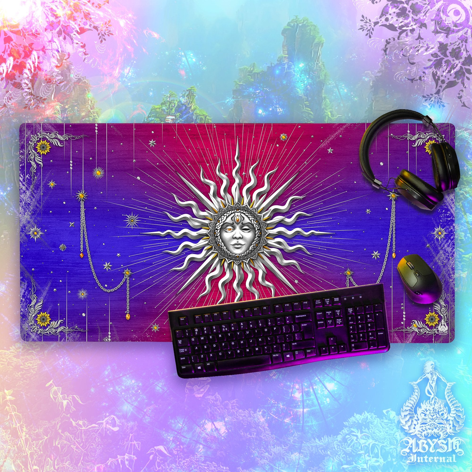 Silver Sun Desk Mat, Tarot Arcana Gaming Mouse Pad, Indie Table Protector Cover, Boho Workpad, Esoteric Art Print – 7 Colors Silver Sun Desk Mat, Tarot Arcana Gaming Mouse Pad, Indie Table Protector Cover, Boho Workpad, Esoteric Art Print – 7 Colors