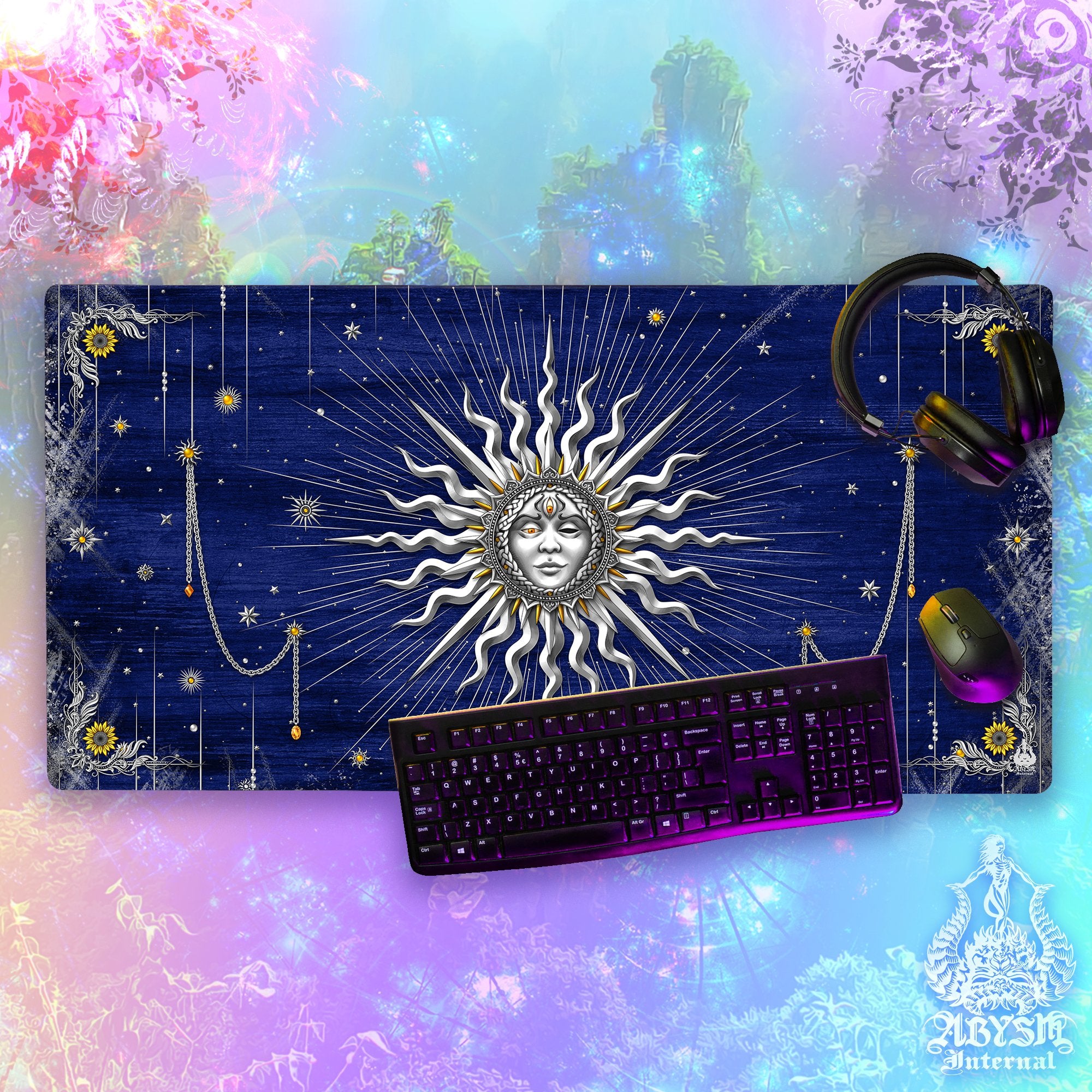 Silver Sun Desk Mat, Tarot Arcana Gaming Mouse Pad, Indie Table Protector Cover, Boho Workpad, Esoteric Art Print – 7 Colors Silver Sun Desk Mat, Tarot Arcana Gaming Mouse Pad, Indie Table Protector Cover, Boho Workpad, Esoteric Art Print – 7 Colors