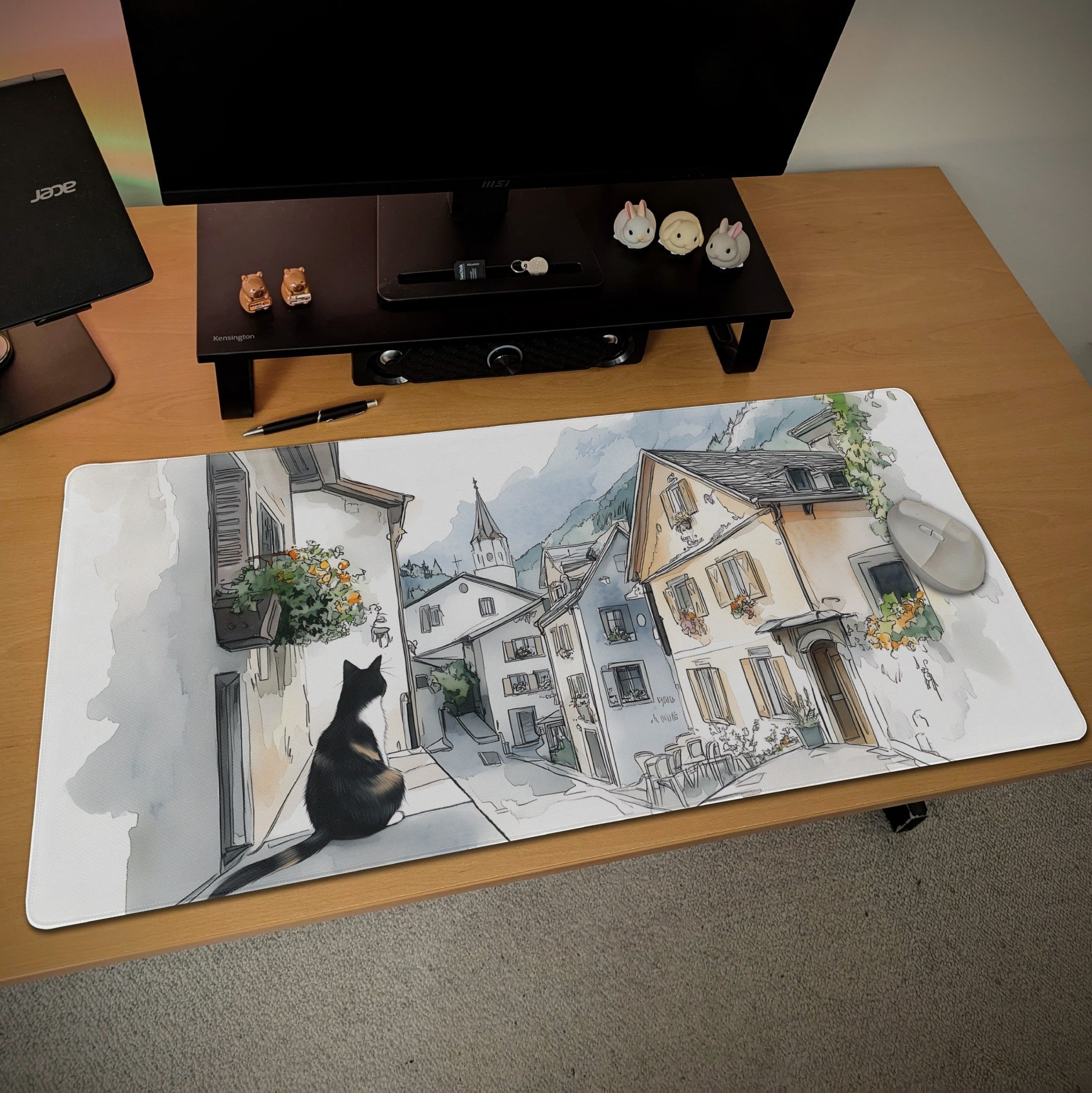 Sketchbook Hallstatt Cat Desk Mat  European Street Mouse Pad  Ink & Watercolor Art for Cat Lovers