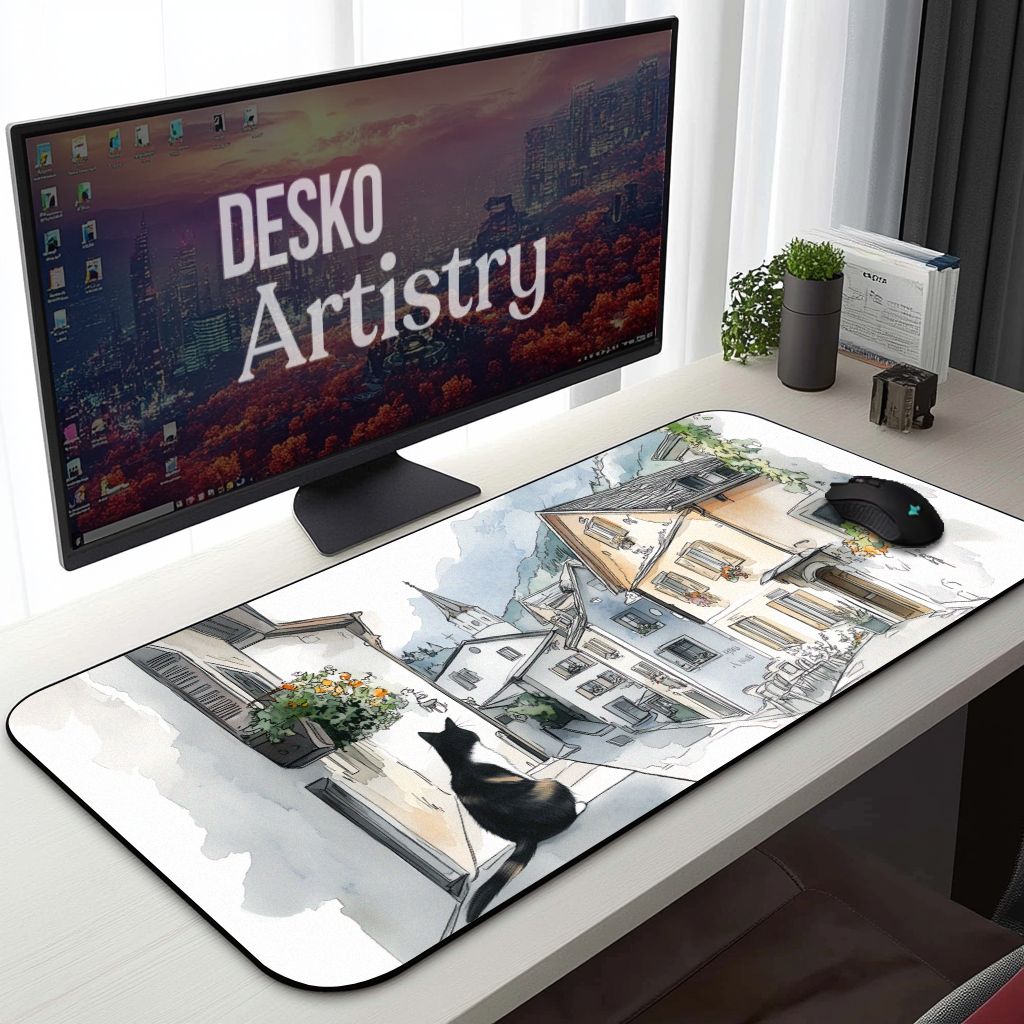 Sketchbook Hallstatt Cat Desk Mat European Street Mouse Pad Ink & Watercolor Art for Cat Lovers Sketchbook Hallstatt Cat Desk Mat European Street Mouse Pad Ink & Watercolor Art for Cat Lovers