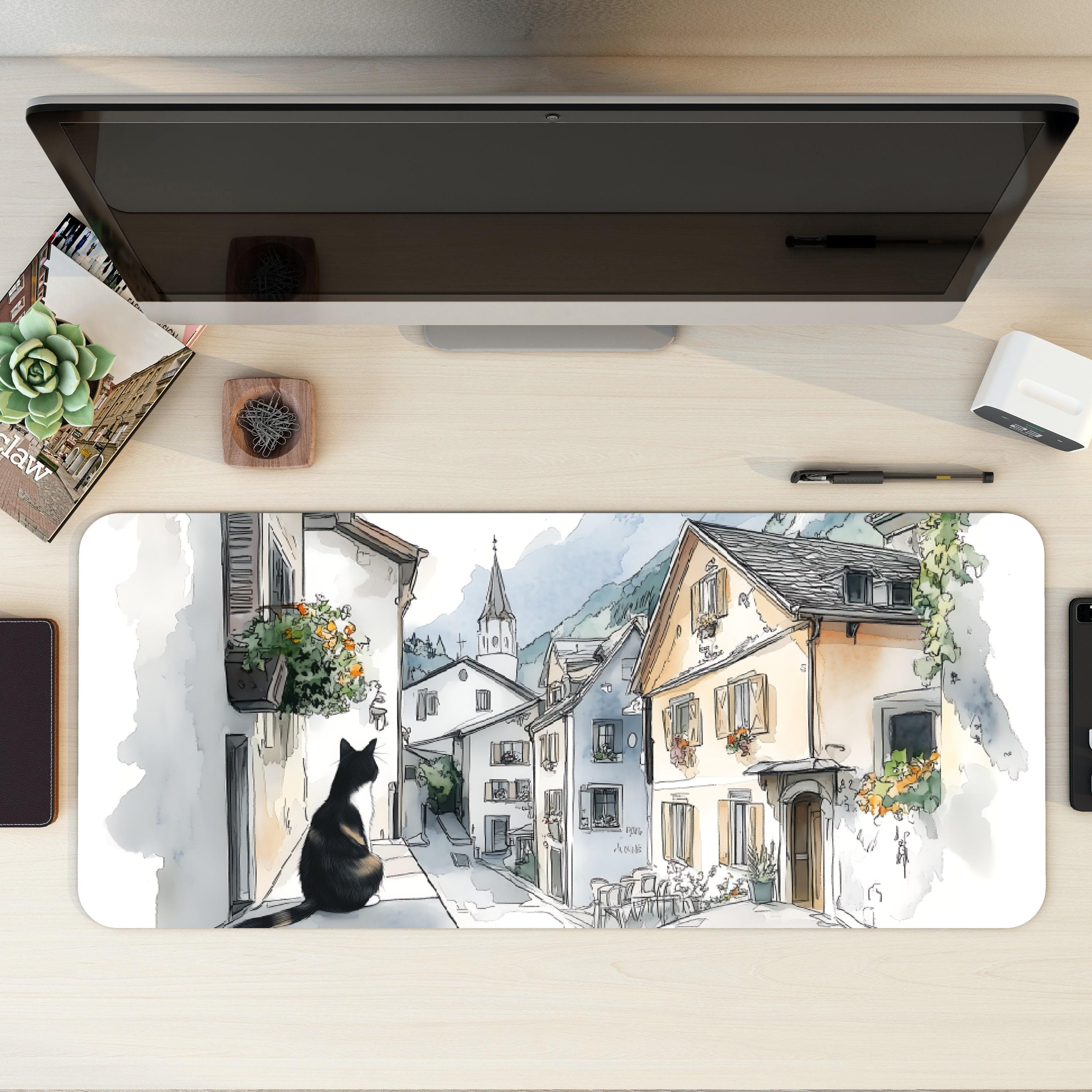 Sketchbook Hallstatt Cat Desk Mat European Street Mouse Pad Ink & Watercolor Art for Cat Lovers Sketchbook Hallstatt Cat Desk Mat European Street Mouse Pad Ink & Watercolor Art for Cat Lovers
