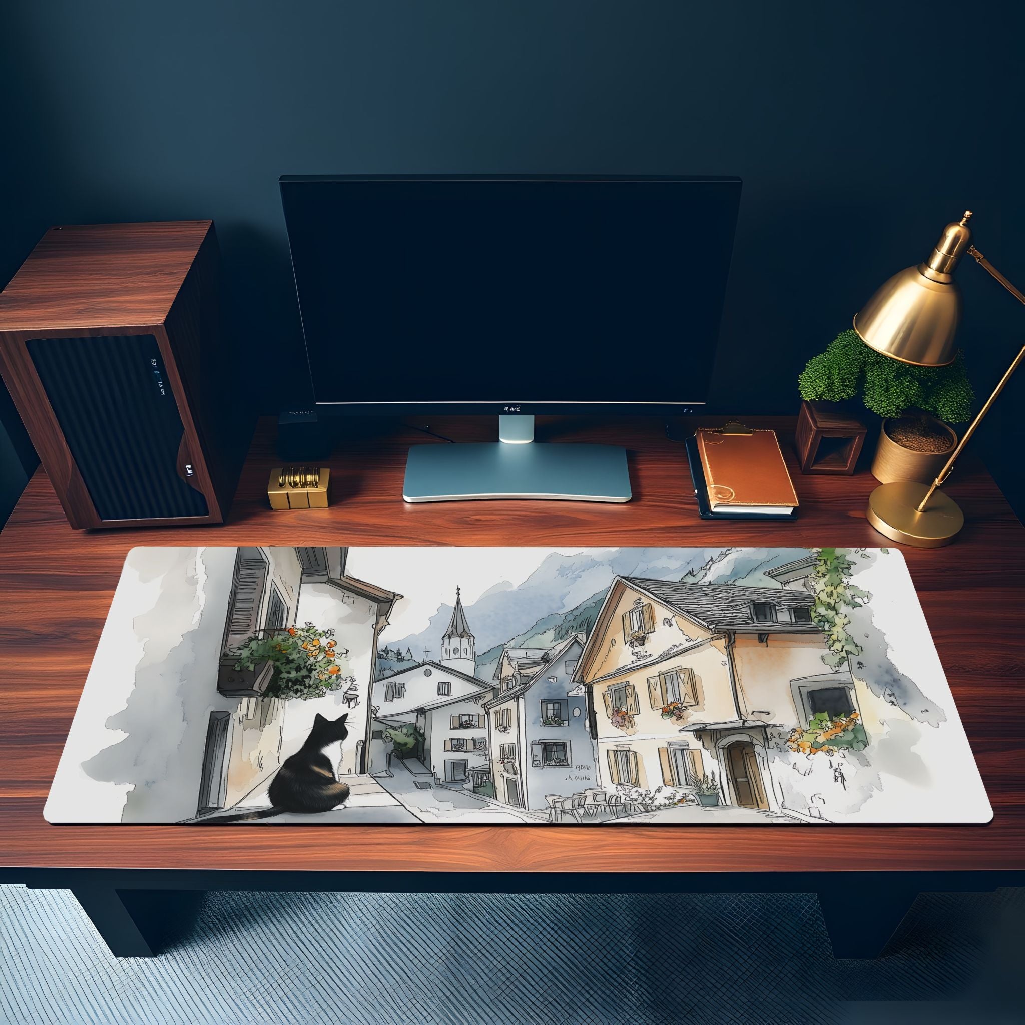 Sketchbook Hallstatt Cat Desk Mat European Street Mouse Pad Ink & Watercolor Art for Cat Lovers Sketchbook Hallstatt Cat Desk Mat European Street Mouse Pad Ink & Watercolor Art for Cat Lovers