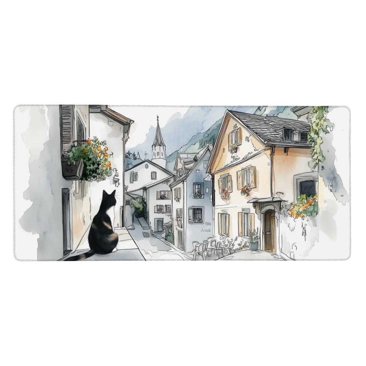 Sketchbook Hallstatt Cat Desk Mat European Street Mouse Pad Ink & Watercolor Art for Cat Lovers Sketchbook Hallstatt Cat Desk Mat European Street Mouse Pad Ink & Watercolor Art for Cat Lovers