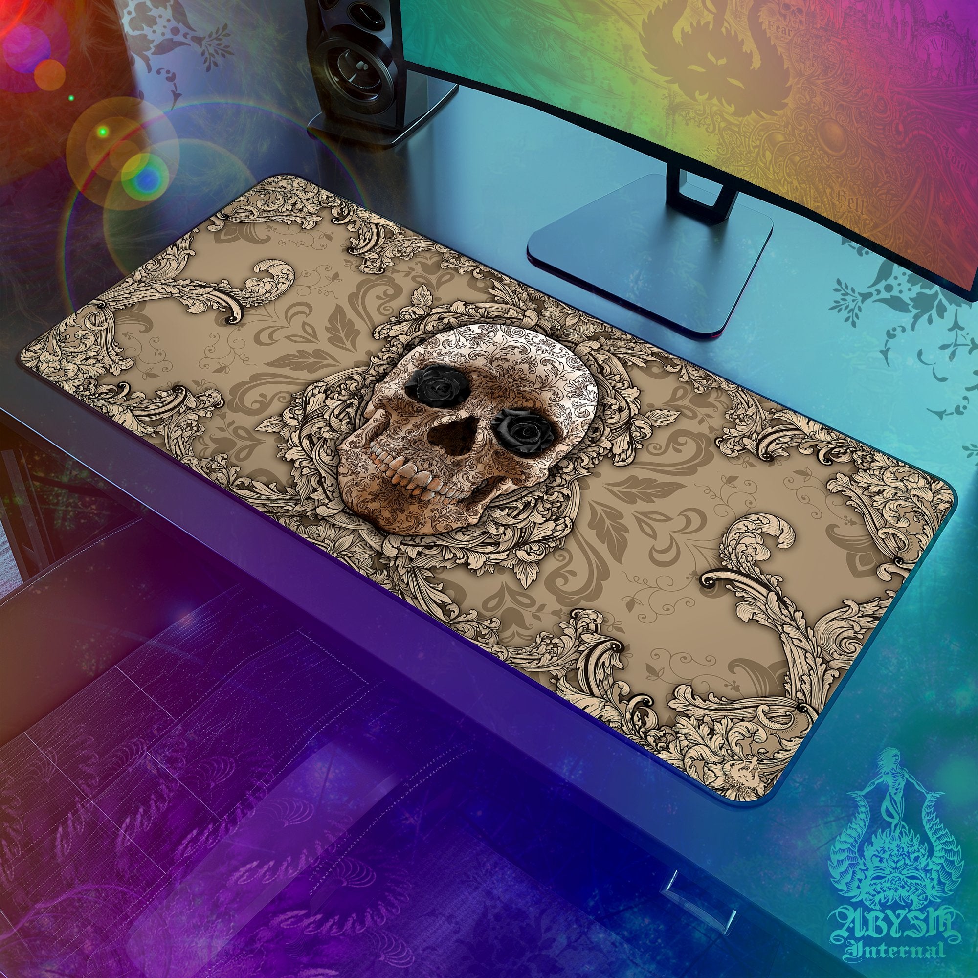 Skull Gaming Mouse Pad, Cream Desk Mat, Baroque Table Protector Cover, Beige Workpad, Art Print