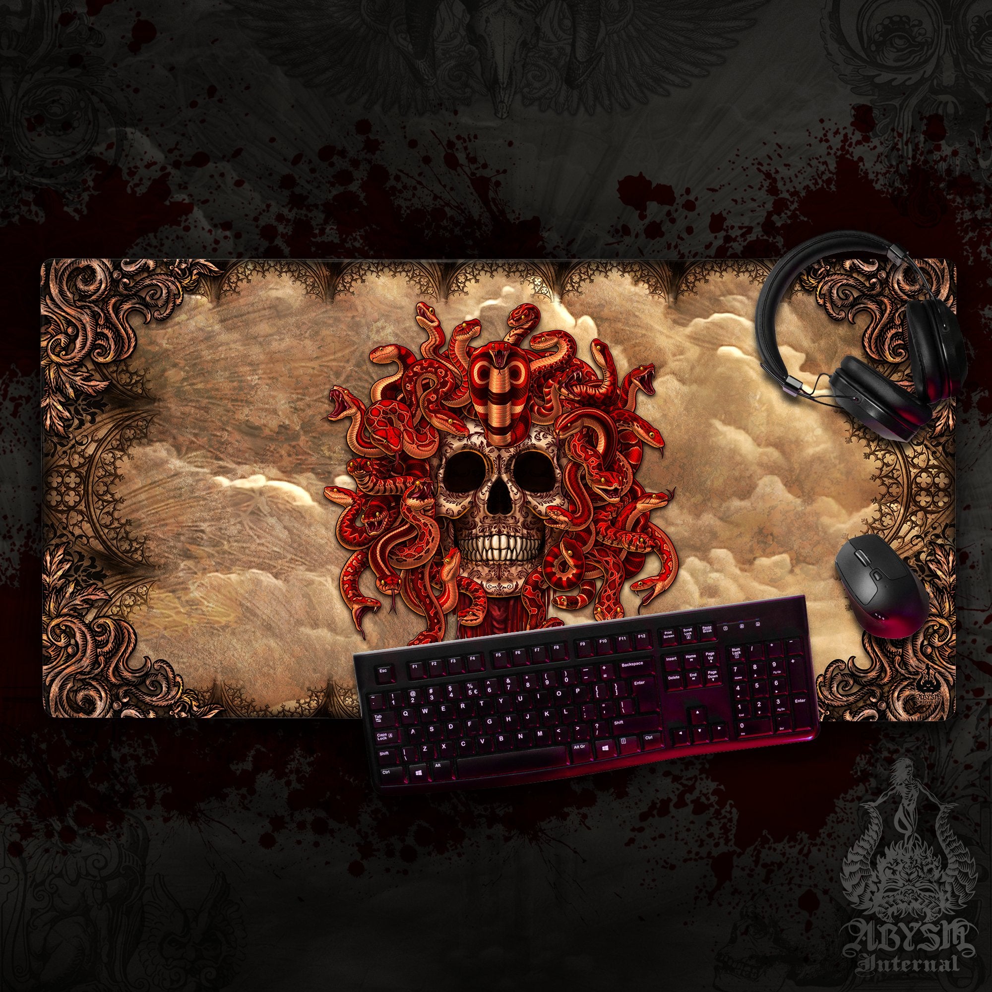 Skull Mouse Pad, Gothic Horror Gaming Desk Mat, Goth Workpad, Medusa Table Protector Cover, Dark Fantasy Art Print – Beige, 4 Face Options