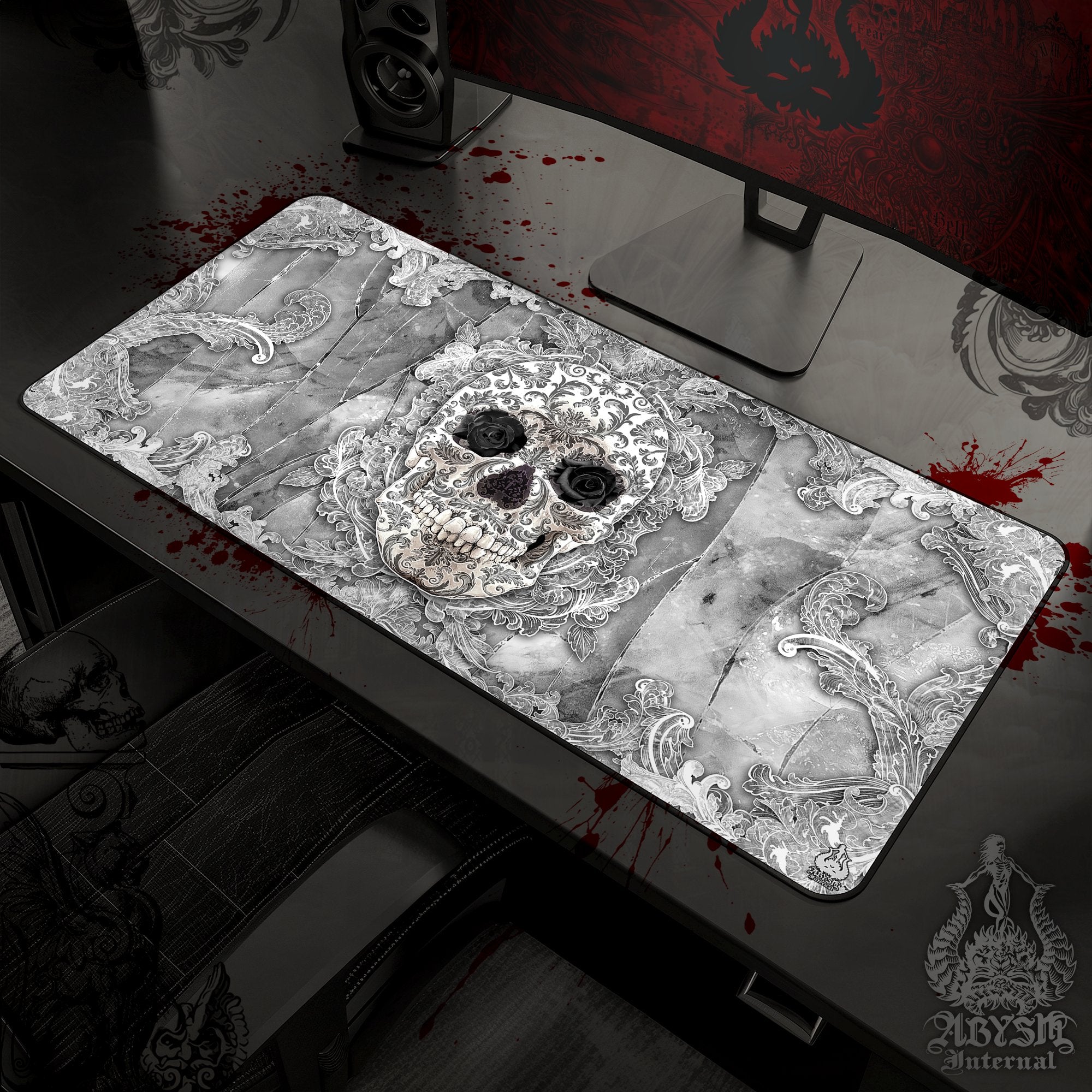 Skull Workpad, White Goth Desk Mat, Black Roses Gaming Mouse Pad, Stone Table Protector Cover, Art Print