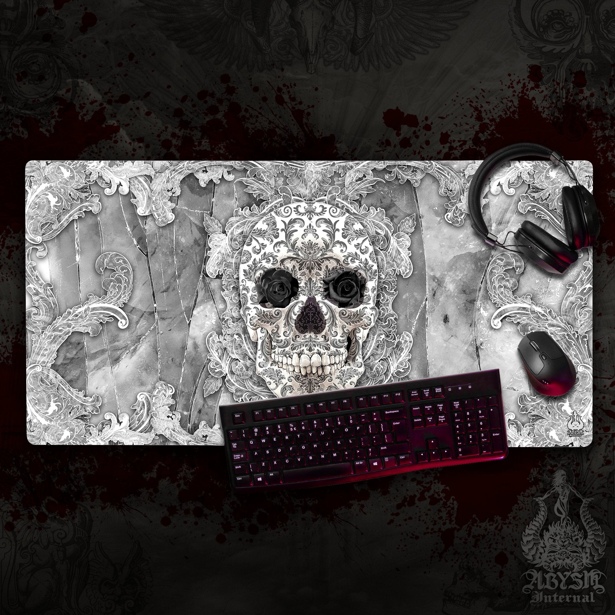 Skull Workpad, White Goth Desk Mat, Black Roses Gaming Mouse Pad, Stone Table Protector Cover, Art Print Skull Workpad, White Goth Desk Mat, Black Roses Gaming Mouse Pad, Stone Table Protector Cover, Art Print