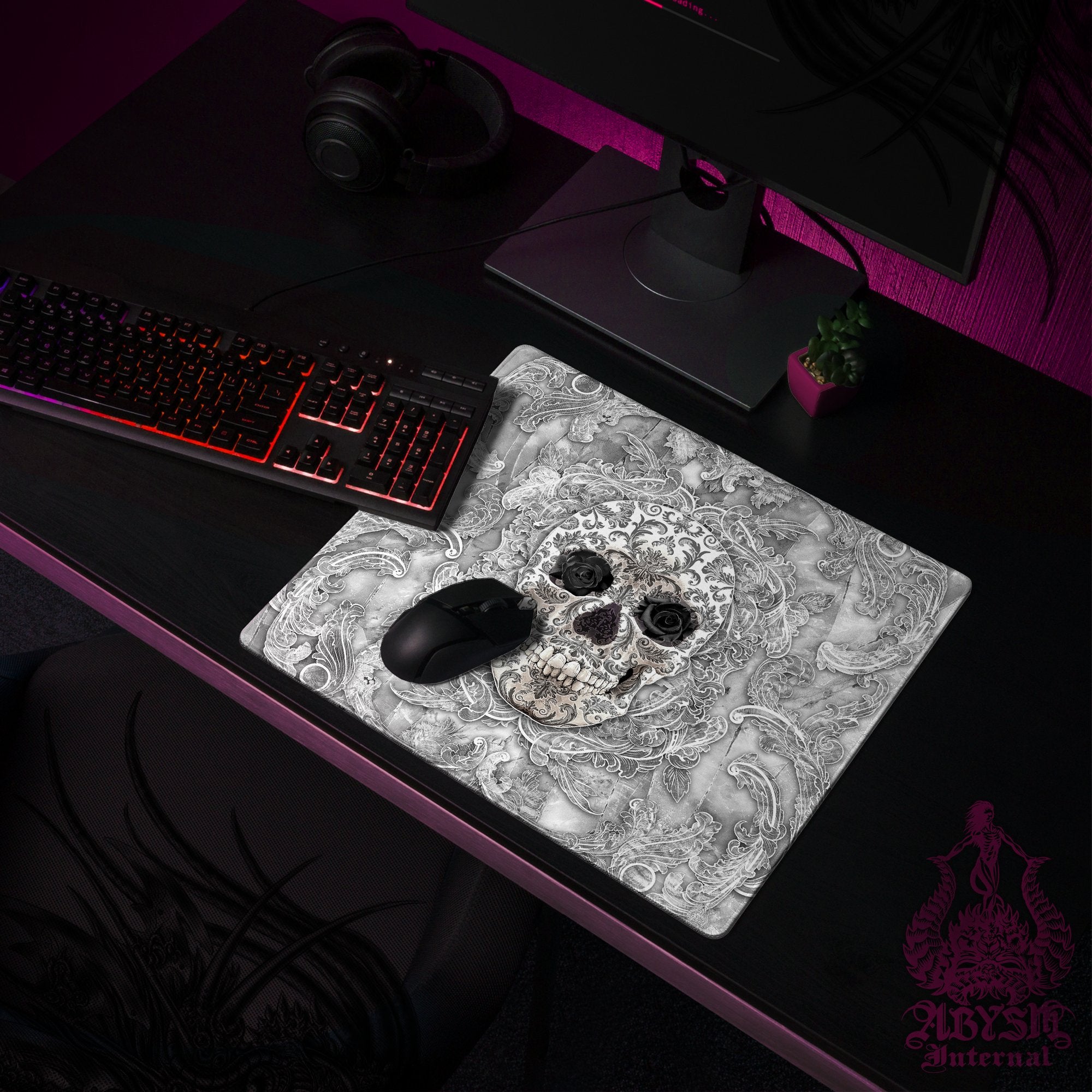 Skull Workpad, White Goth Desk Mat, Black Roses Gaming Mouse Pad, Stone Table Protector Cover, Art Print Skull Workpad, White Goth Desk Mat, Black Roses Gaming Mouse Pad, Stone Table Protector Cover, Art Print