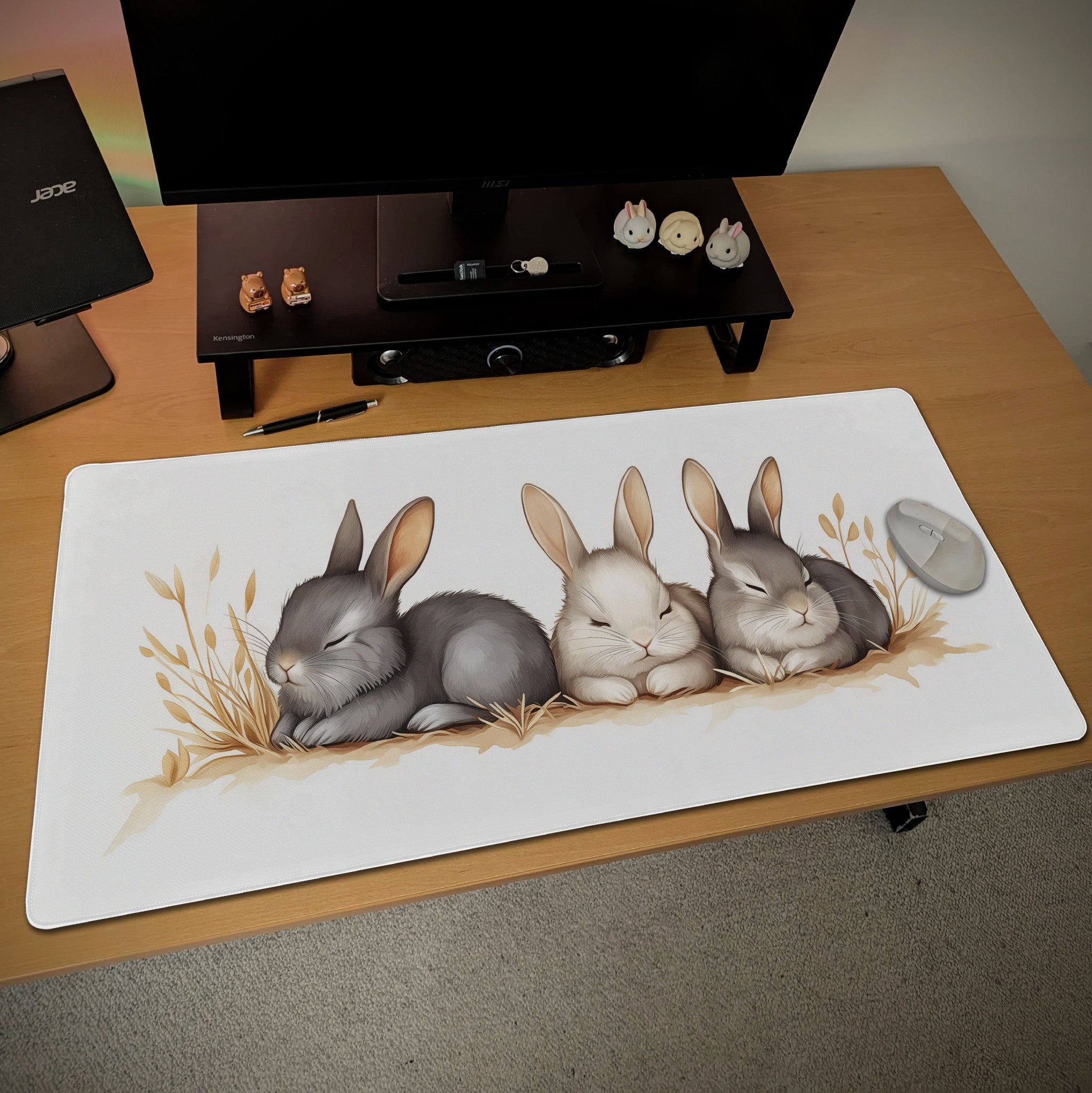 Sleeping Bunny Desk Mat  Mouse Pad with Storybook style Illustration, Pastel Aesthetic for Kawaii Desk Setup, Cozy Cottage Core