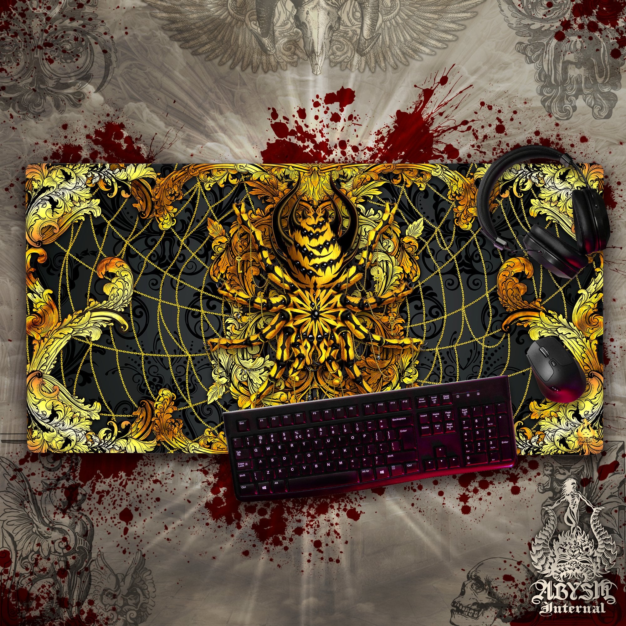 Spider Gaming Desk Mat, Tarantula Mouse Pad, Gamer Table Protector Cover, Gold Ornaments Workpad, Fantasy Art Print – 2 Colors