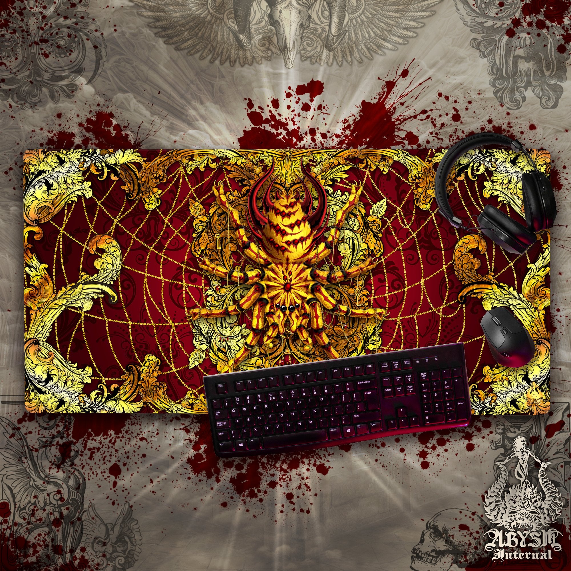 Spider Gaming Desk Mat, Tarantula Mouse Pad, Gamer Table Protector Cover, Gold Ornaments Workpad, Fantasy Art Print – 2 Colors Spider Gaming Desk Mat, Tarantula Mouse Pad, Gamer Table Protector Cover, Gold Ornaments Workpad, Fantasy Art Print – 2 Colors
