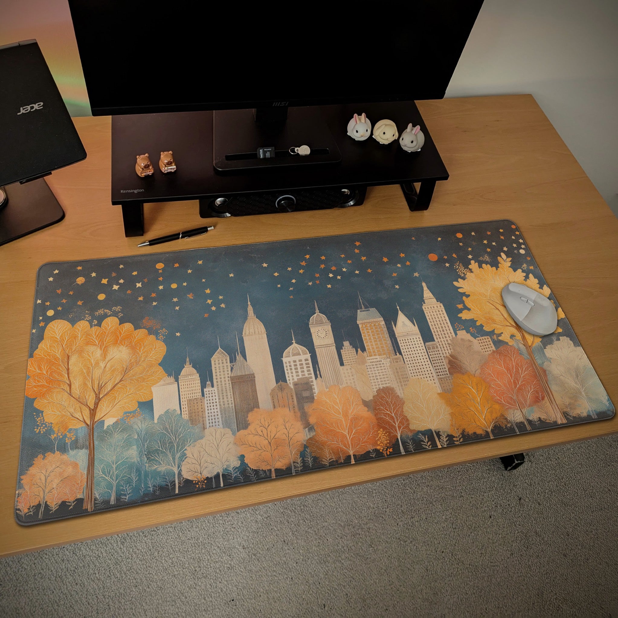 Starry Cityscape Illustration Desk Mat  Cozy Vintage Art, Children’s Storybook Mouse Pad