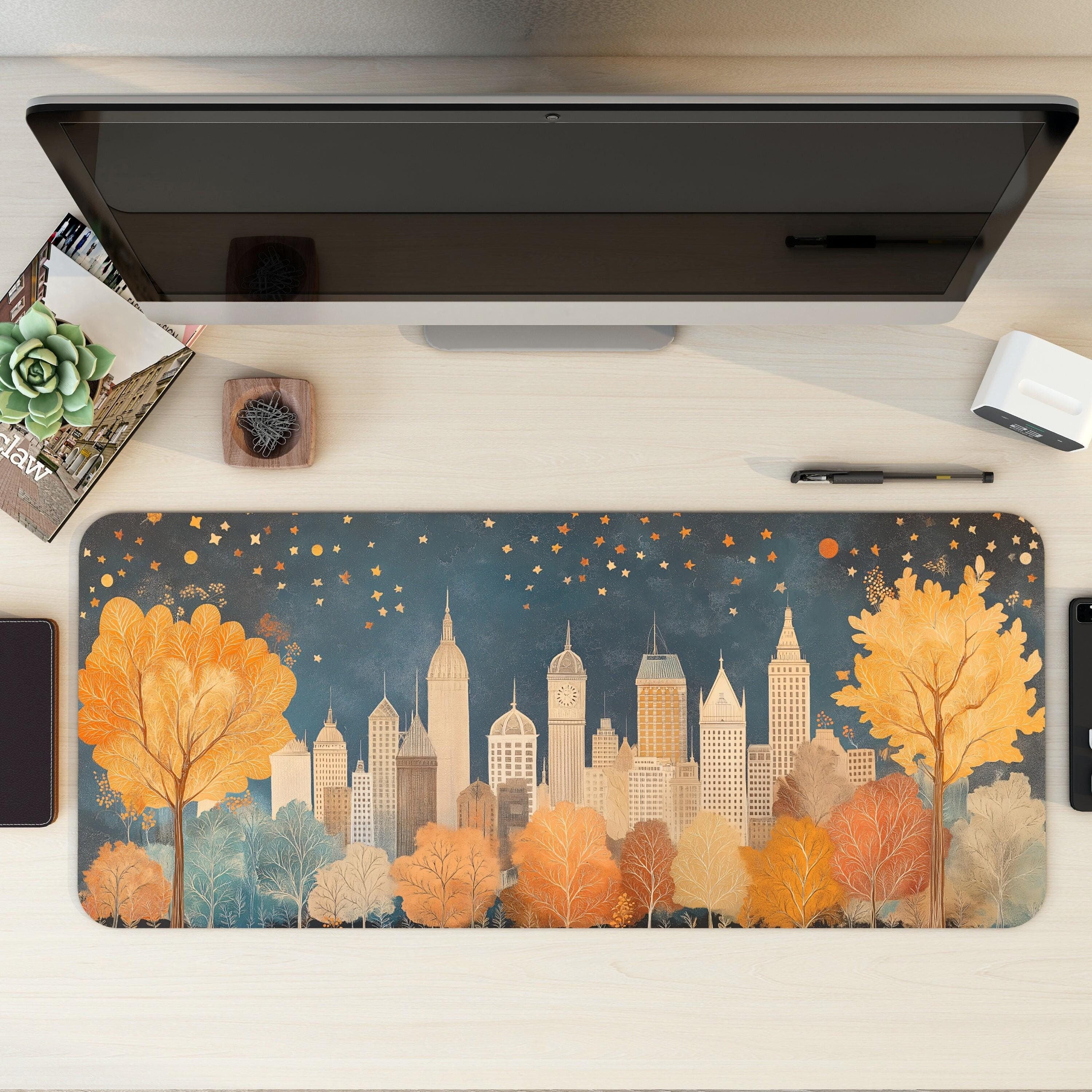 Starry Cityscape Illustration Desk Mat Cozy Vintage Art, Children’s Storybook Mouse Pad Starry Cityscape Illustration Desk Mat Cozy Vintage Art, Children’s Storybook Mouse Pad