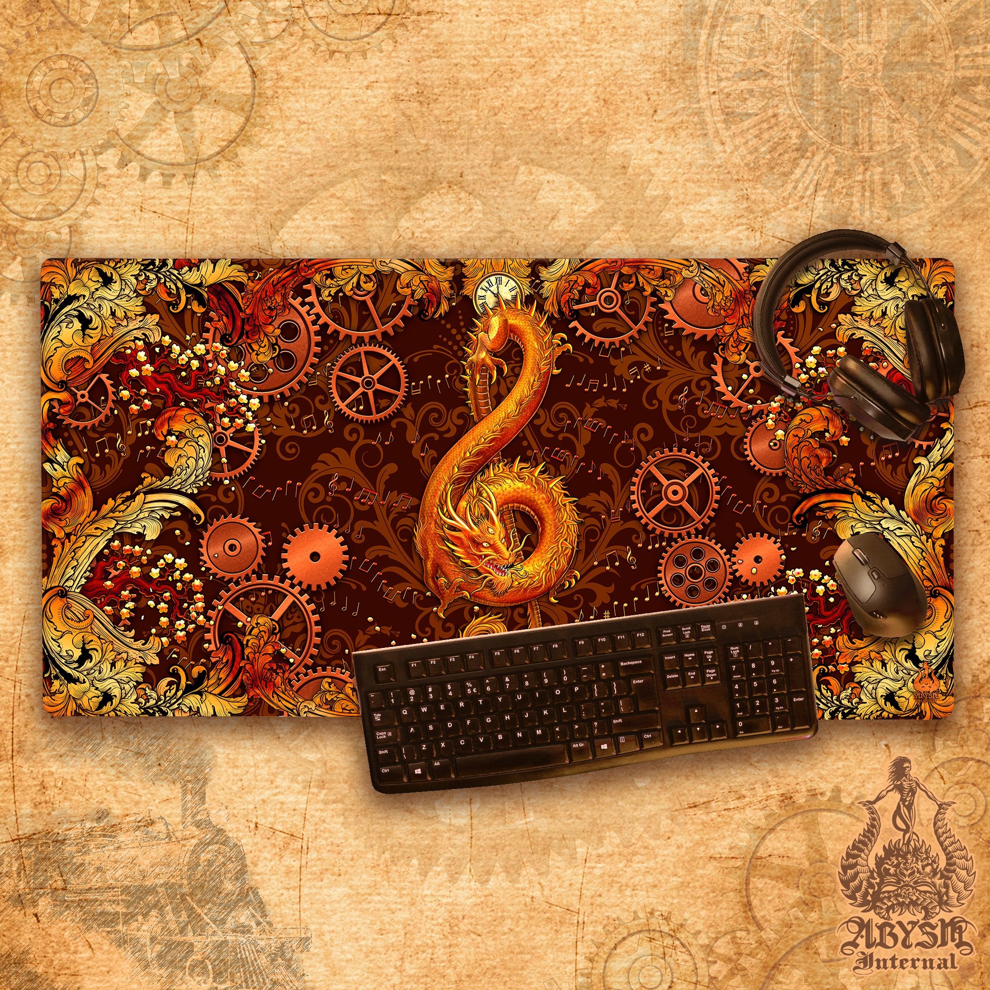 Steampunk Gaming Desk Mat, Dragon Mouse Pad, Asian Table Protector Cover, Music Workpad, Treble Clef Art Print Steampunk Gaming Desk Mat, Dragon Mouse Pad, Asian Table Protector Cover, Music Workpad, Treble Clef Art Print