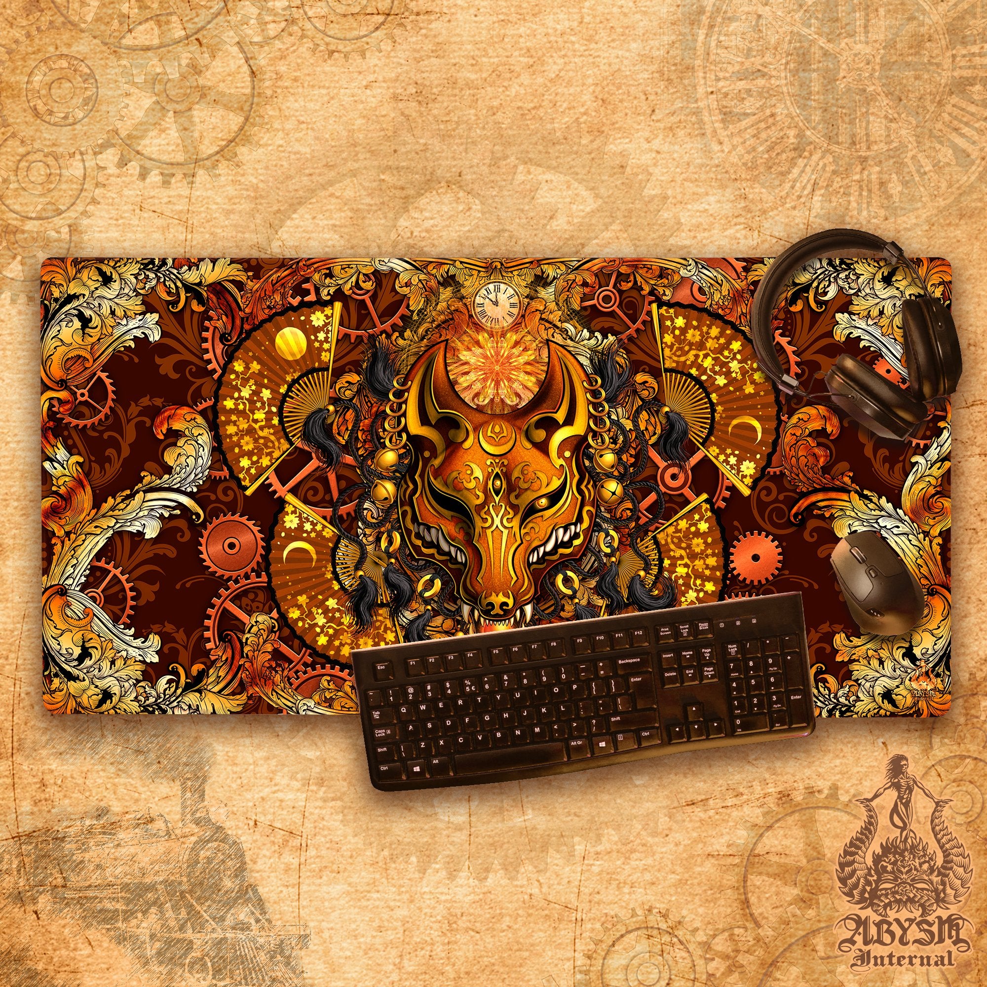 Steampunk Mouse Pad, Kistune Mask Gaming Desk Mat, Japanese Fox Workpad, Wolf Youkai Table Protector Cover, Anime and Manga Art Print – 2 Colors