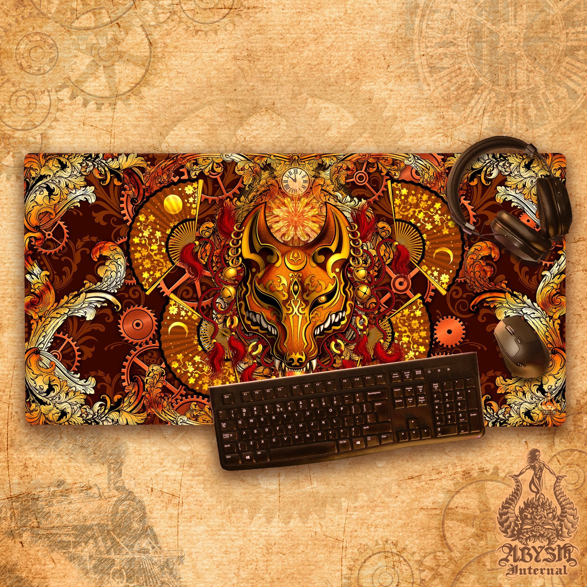 Steampunk Mouse Pad, Kistune Mask Gaming Desk Mat, Japanese Fox Workpad, Wolf Youkai Table Protector Cover, Anime and Manga Art Print – 2 Colors Steampunk Mouse Pad, Kistune Mask Gaming Desk Mat, Japanese Fox Workpad, Wolf Youkai Table Protector Cover, Anime and Manga Art Print – 2 Colors