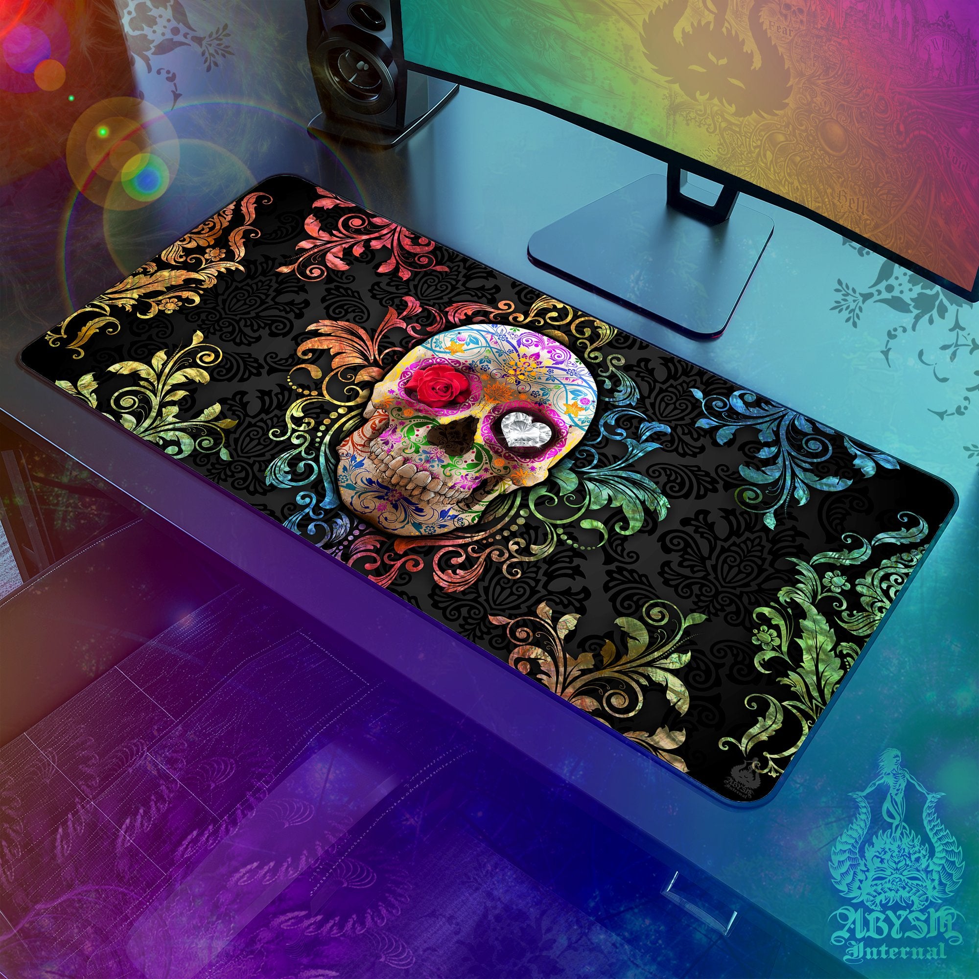 Sugar Skull Gaming Mouse Pad, Day of the Dead Desk Mat, Dia de los Muertos Table Protector Cover, Colorful Workpad, Art Print – Fiesta