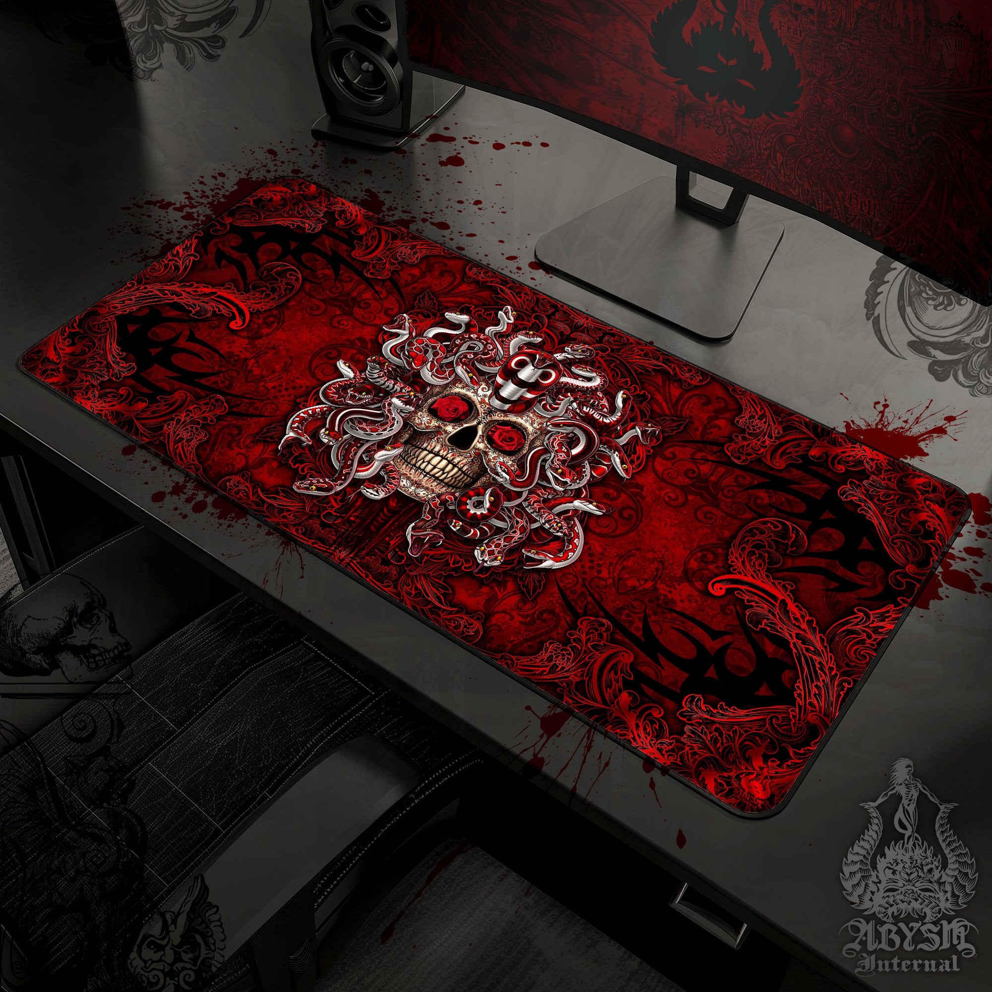 Sugar Skull Mouse Pad, Dia de los Muertos Gaming Desk Mat, Day of the Dead Workpad, Gothic Medusa Table Protector Cover, Art Print