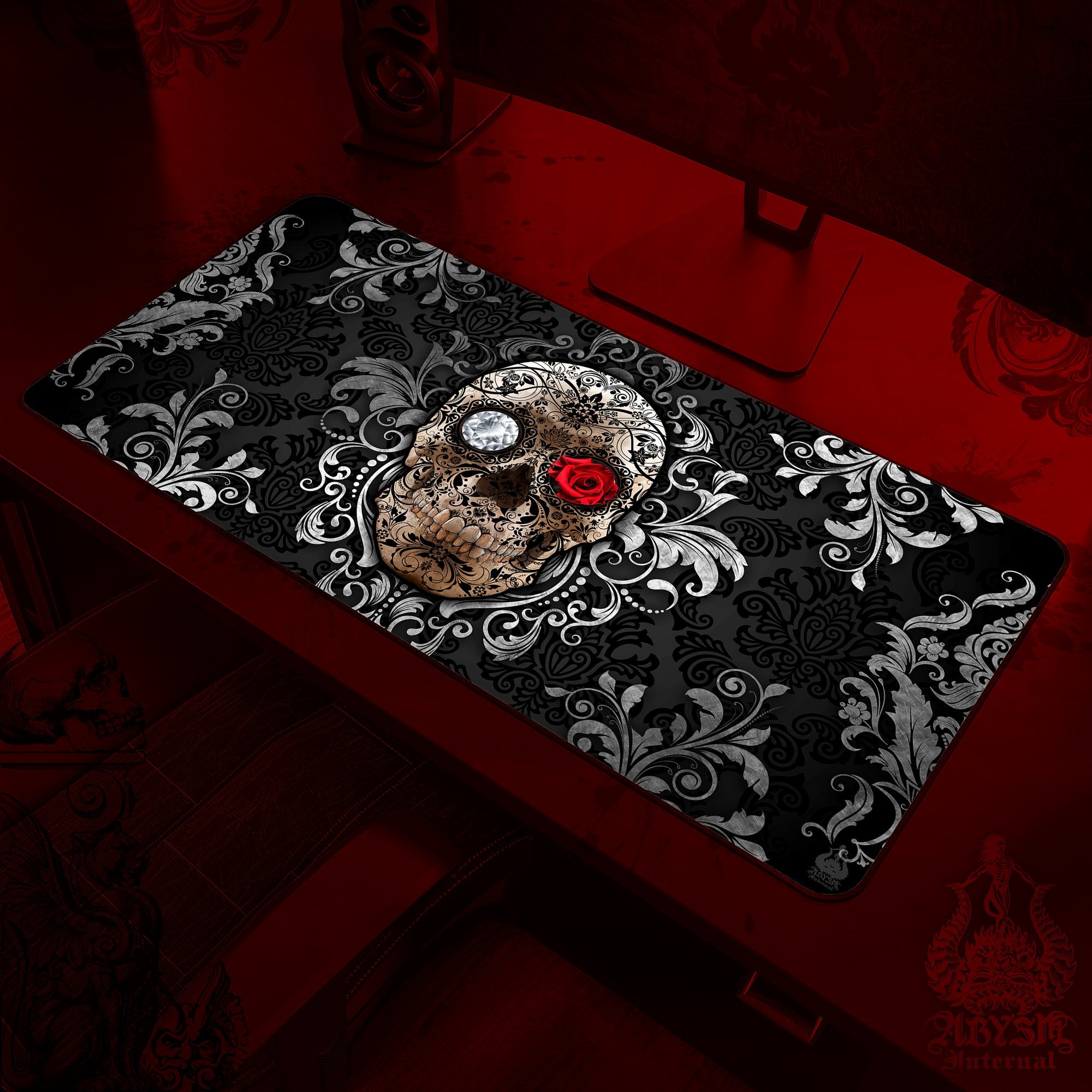 Sugar Skull Mouse Pad, Gothic Gaming Desk Mat, Dia de los Muertos Workpad, Goth Day of the Dead Table Protector Cover, Art Print